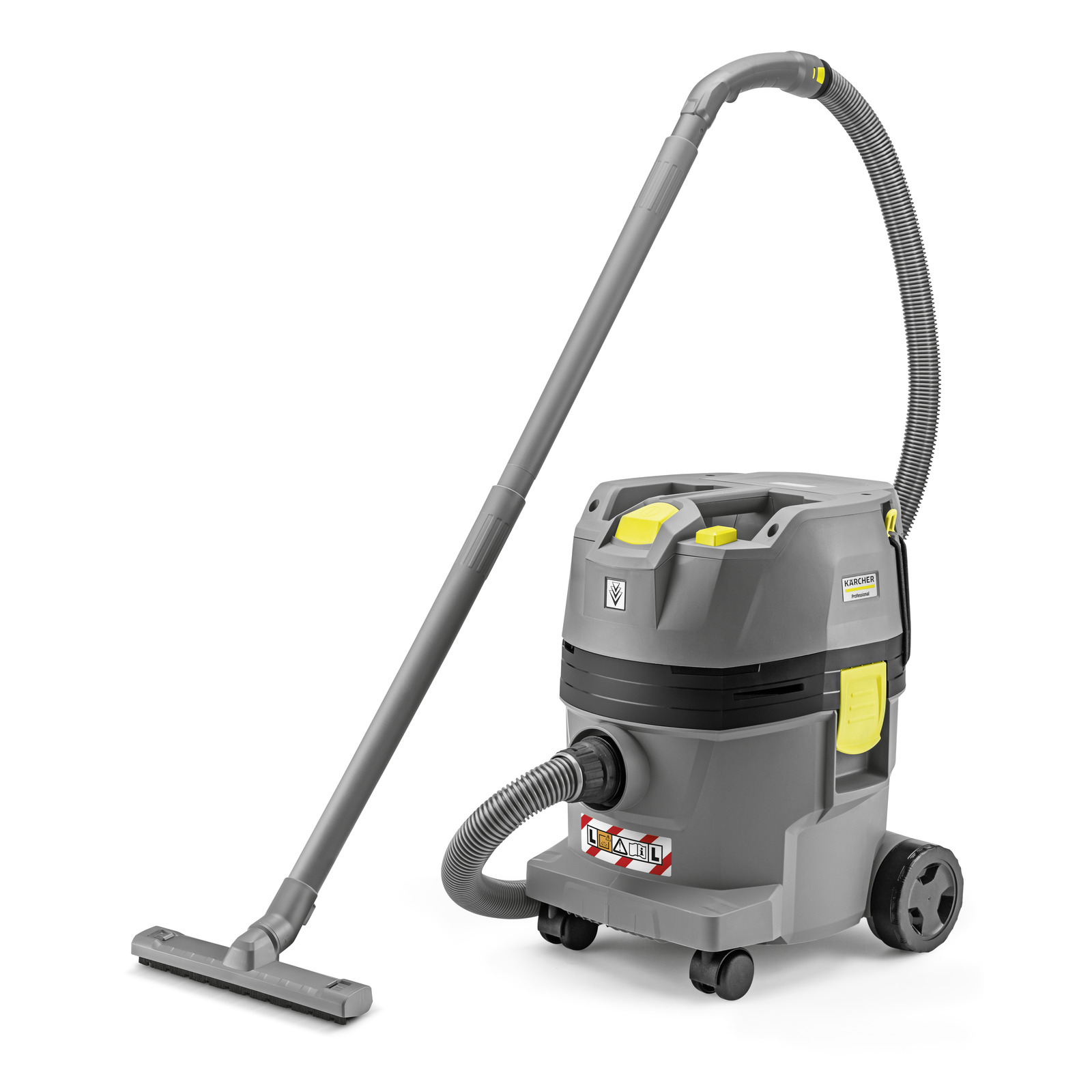 Kärcher wet and dry vacuum cleaner with grey body, yellow accents, and long hose, standing on wheels. Kärcher wet and dry vacuum cleaner with grey body, yellow accents, and long hose, standing on wheels.