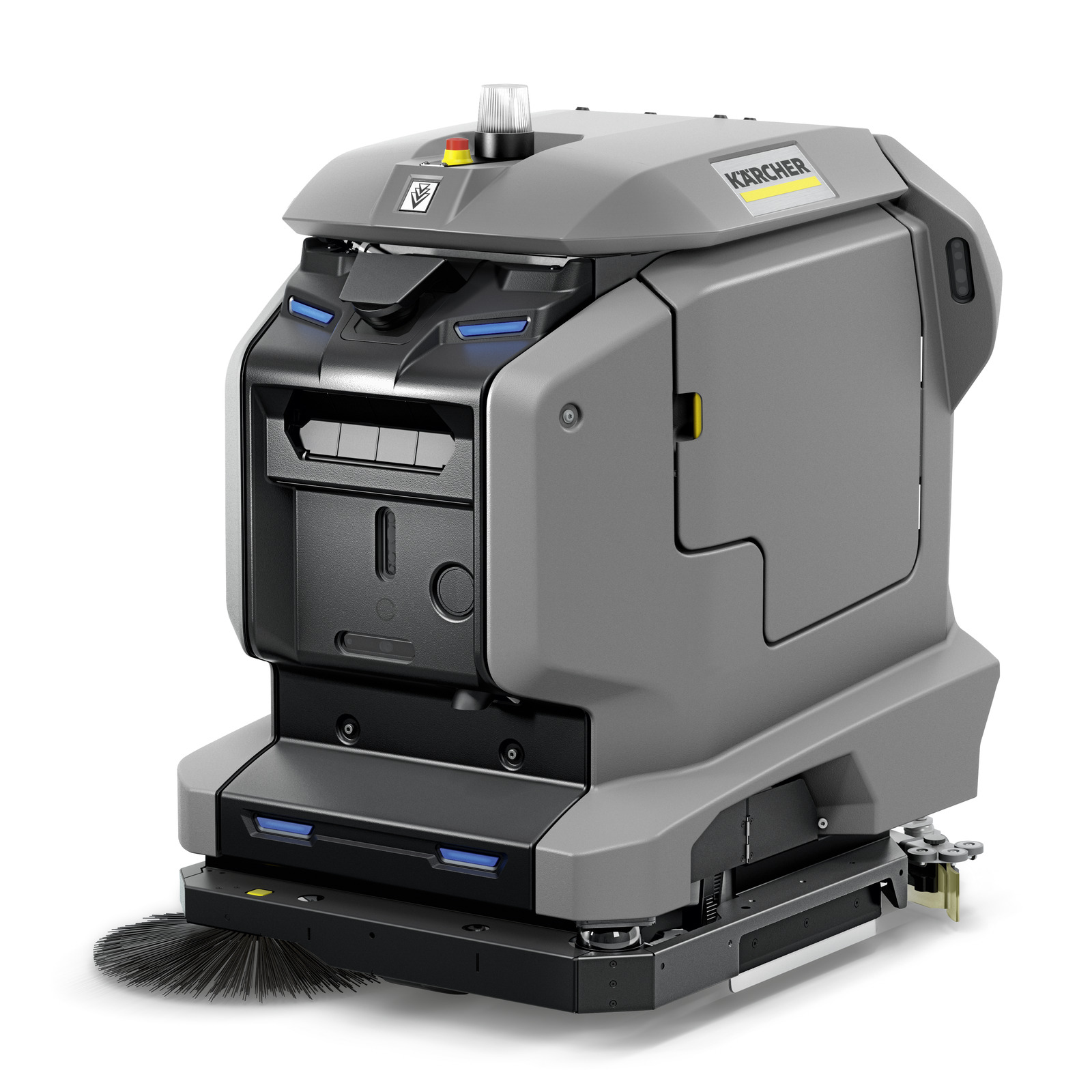 Kärcher robotic floor scrubber in grey, featuring a brush attachment and control panel on top.