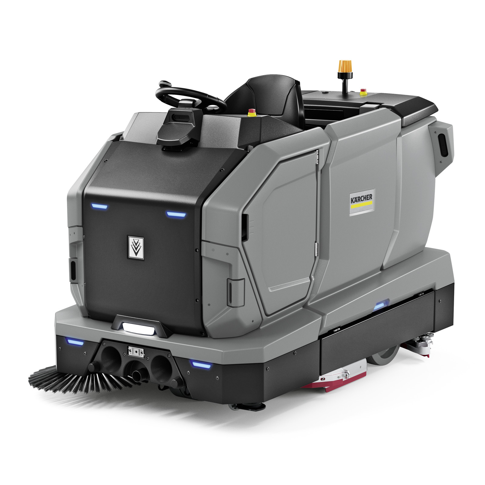 Kärcher ride-on scrubber dryer with steering wheel, grey body, black seat, and orange light on top. Kärcher ride-on scrubber dryer with steering wheel, grey body, black seat, and orange light on top.