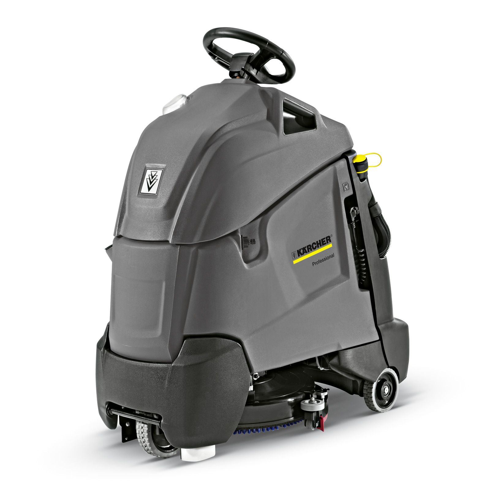 Kärcher floor scrubber with steering wheel, grey body, and visible brush underneath. Kärcher floor scrubber with steering wheel, grey body, and visible brush underneath.