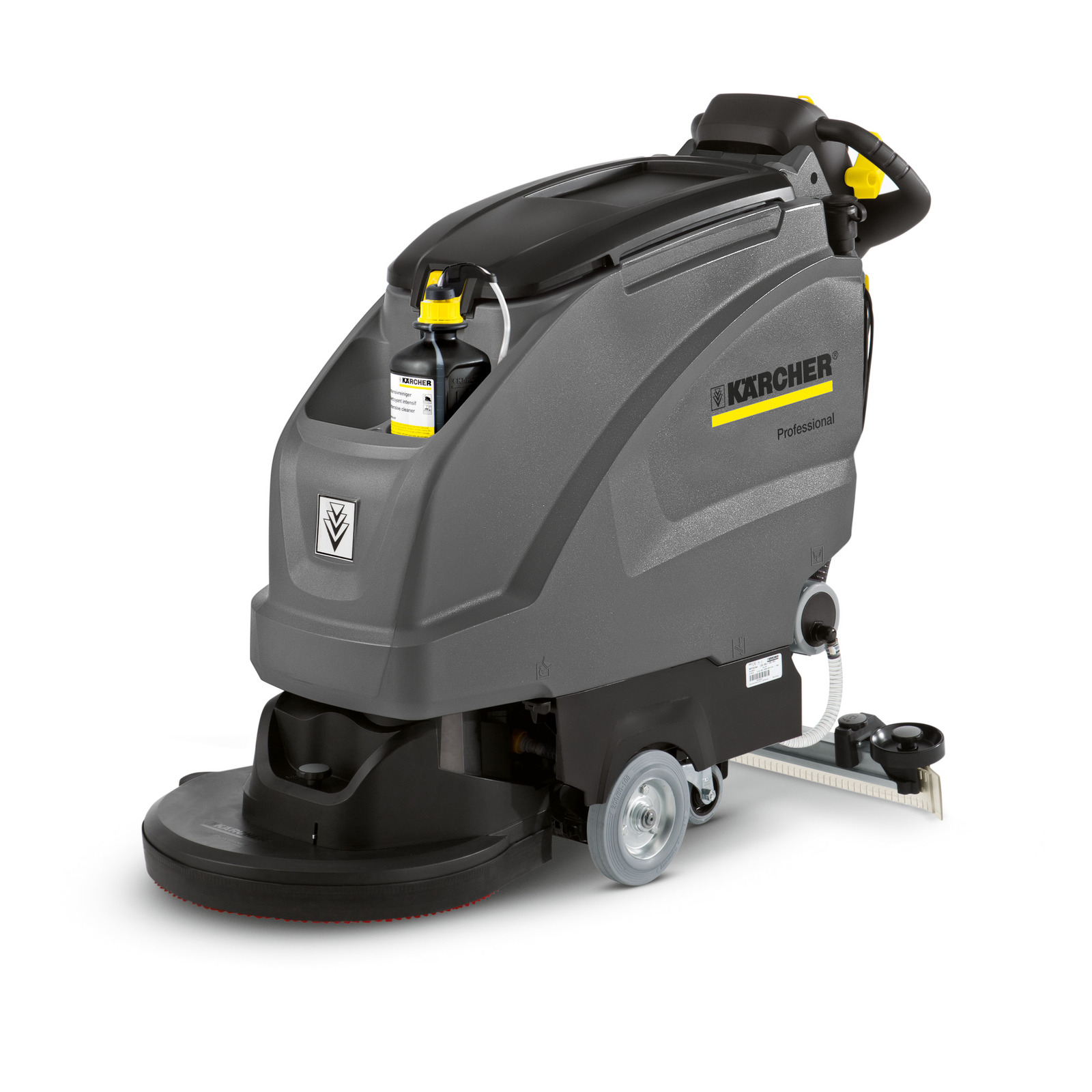Kärcher floor scrubber with grey body, black top, and visible cleaning solution bottle, featuring wheels and brush attachment.