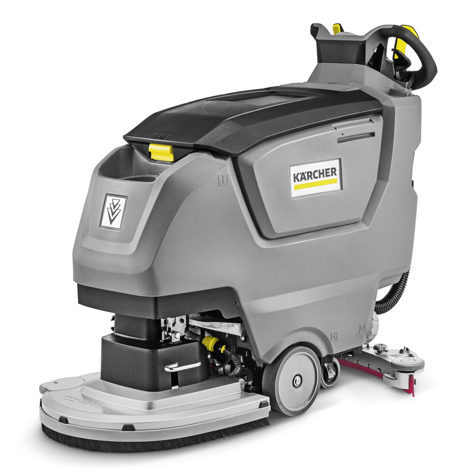 Kärcher floor scrubber with grey body, black top, and yellow accents, featuring a brush and wheels for cleaning.