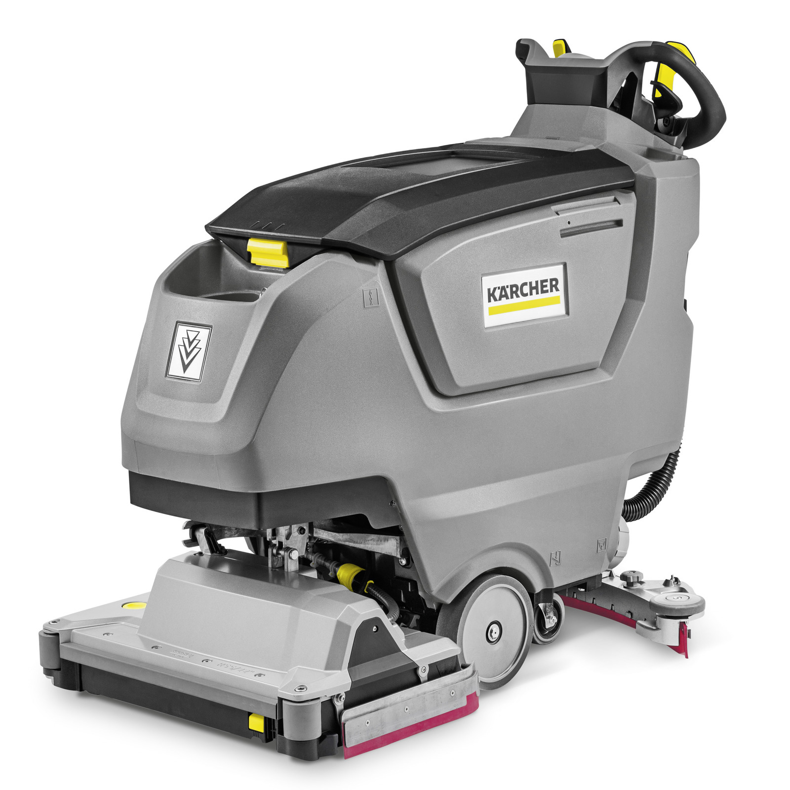 Kärcher floor scrubber with grey body, black top, and yellow accents, featuring wheels and brushes at the base.