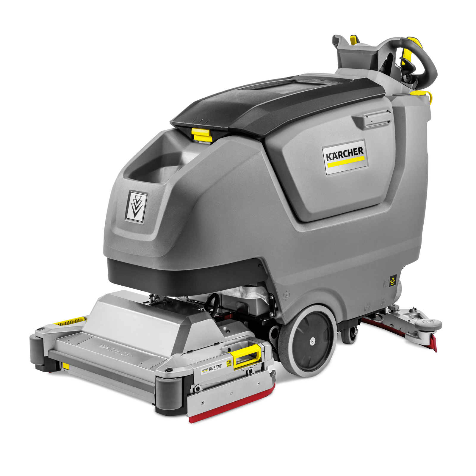 Kärcher scrubber dryer, grey and black with yellow details, on a white background. Kärcher scrubber dryer, grey and black with yellow details, on a white background.