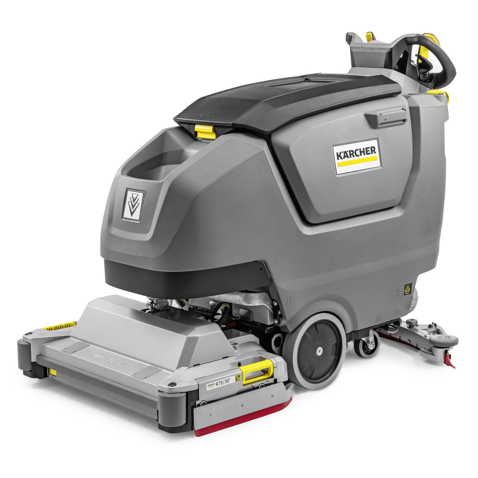Kärcher floor scrubber with grey body, black top, and yellow accents, featuring wheels and brushes for cleaning surfaces.