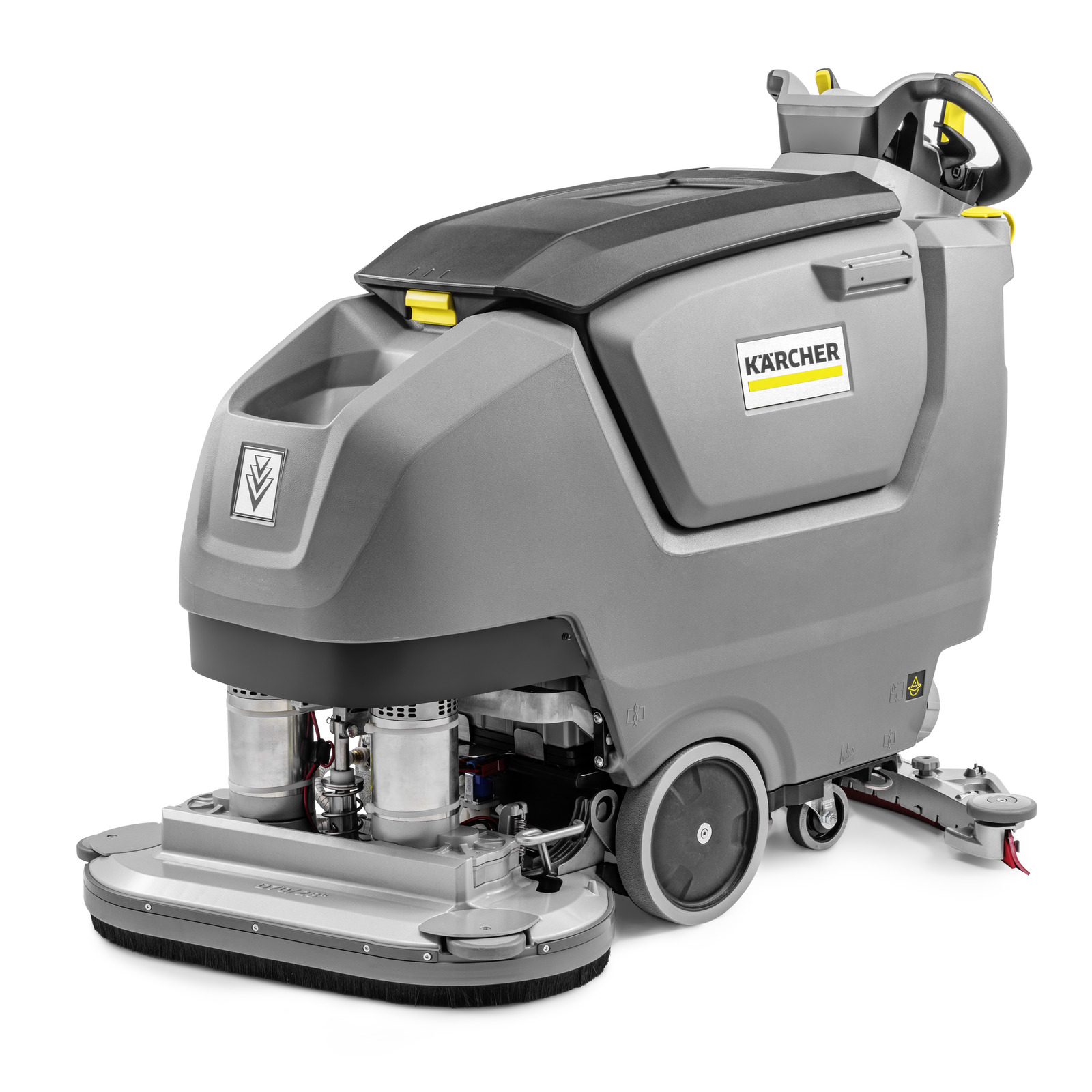 Kärcher floor scrubber with grey body, black top, and visible brushes underneath, designed for industrial cleaning.