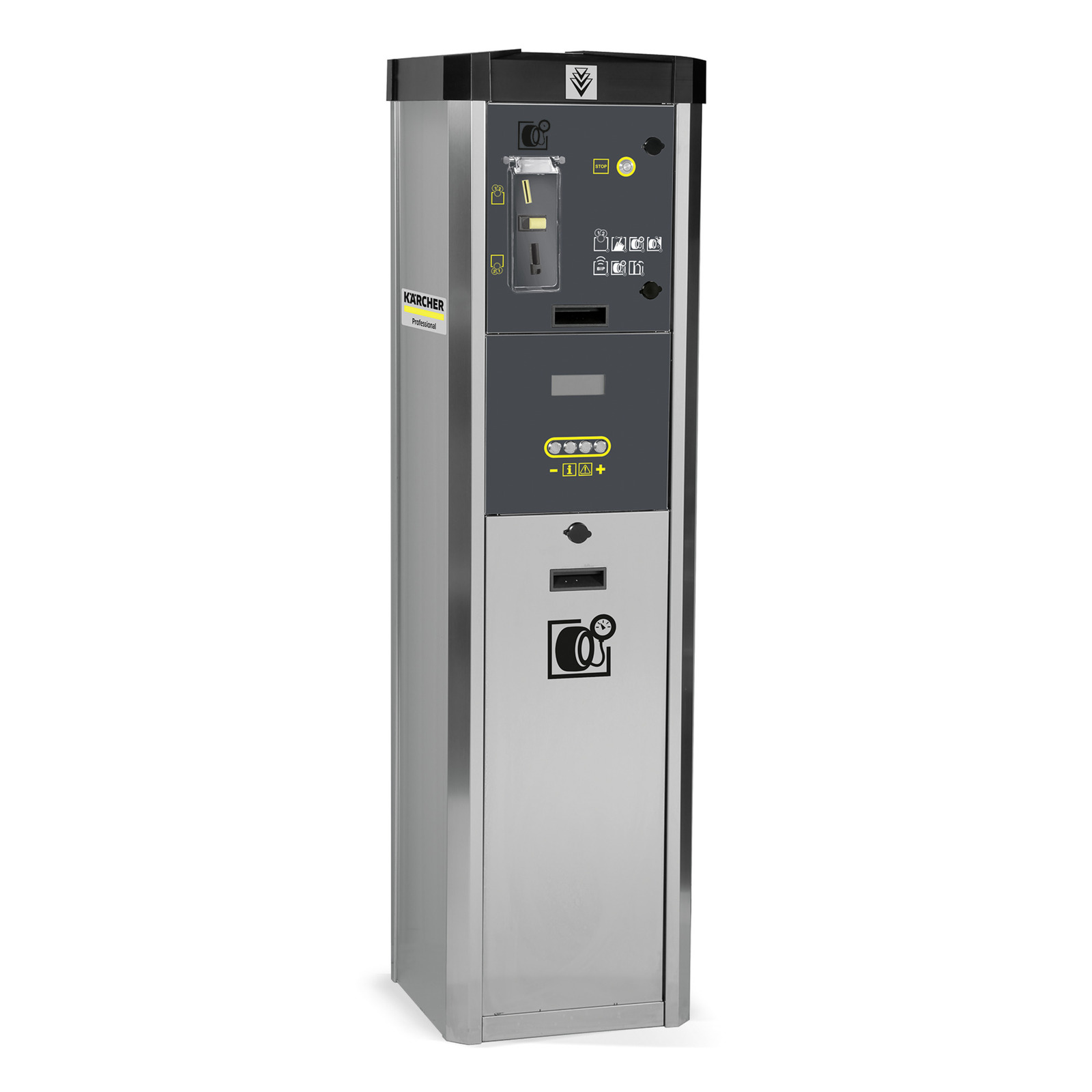 Kärcher payment terminal with card reader and display, featuring icons and buttons on a sleek, silver and black design. Kärcher payment terminal with card reader and display, featuring icons and buttons on a sleek, silver and black design.