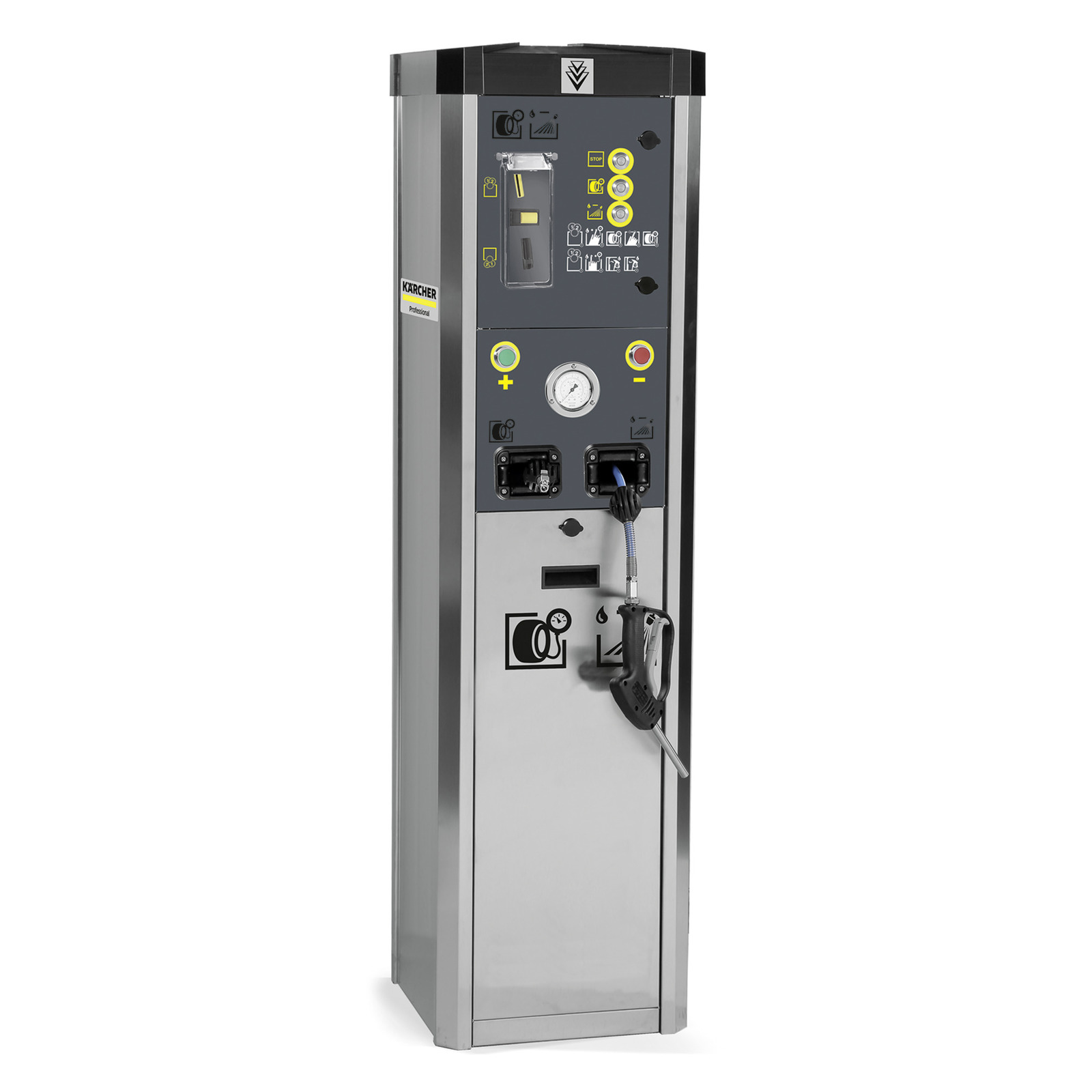 Kärcher car cleaning station with control panel, hose, and nozzle, featuring various buttons and icons on a grey and black design. Kärcher car cleaning station with control panel, hose, and nozzle, featuring various buttons and icons on a grey and black design.