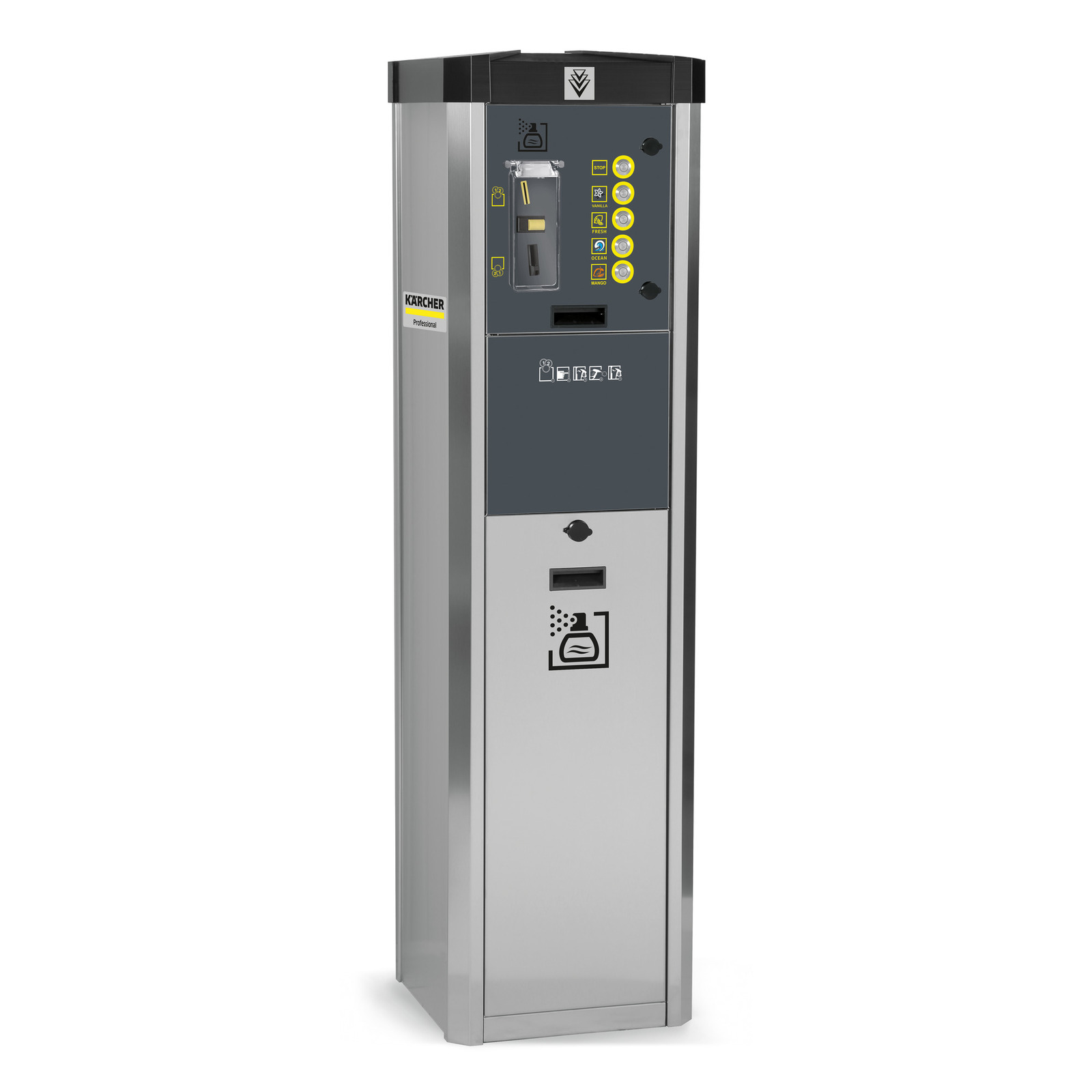 Kärcher professional cleaning station with buttons, coin slot, and spray icon on a grey and silver panel. Kärcher professional cleaning station with buttons, coin slot, and spray icon on a grey and silver panel.