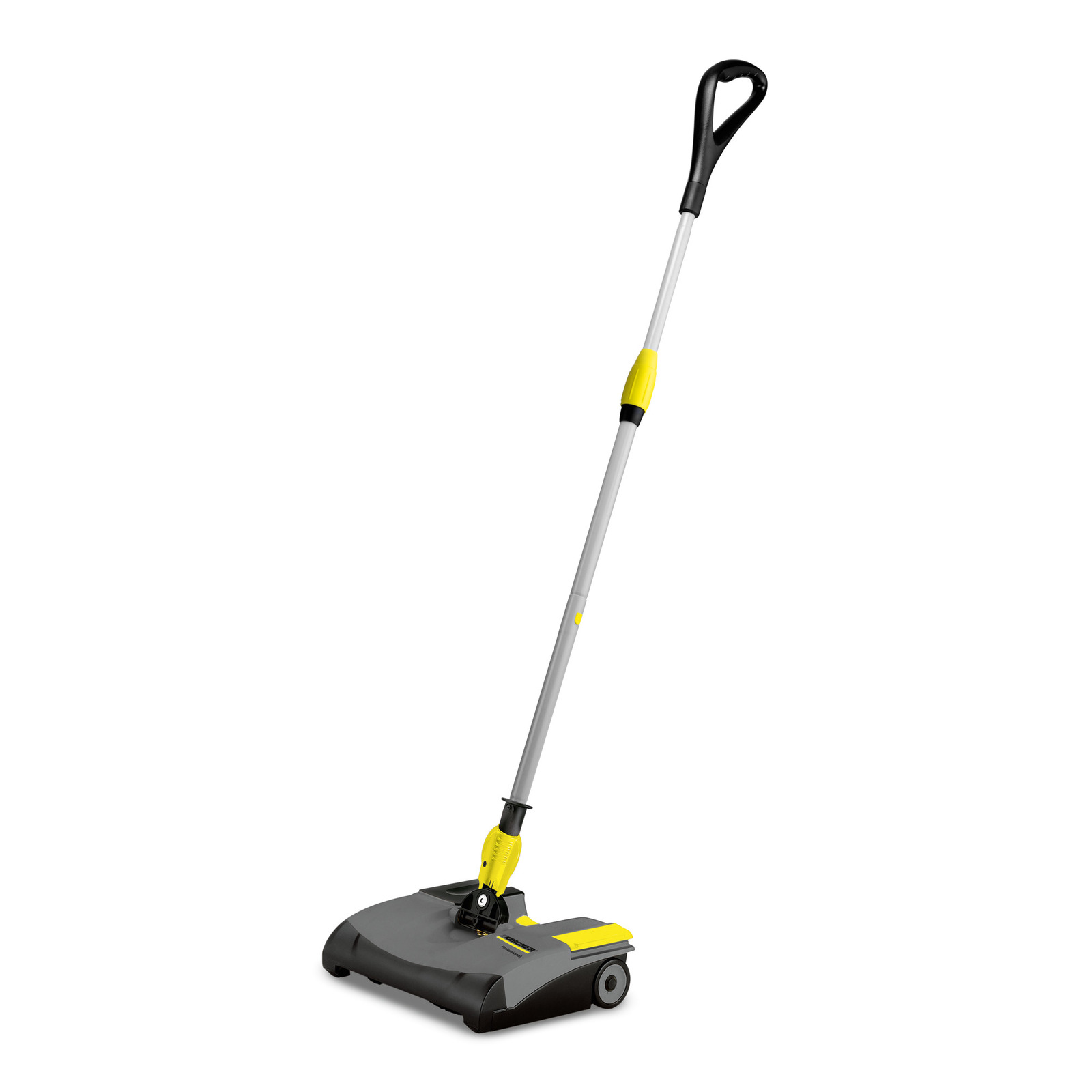 Kärcher floor sweeper with a long handle, grey and yellow design, on a white background. Kärcher floor sweeper with a long handle, grey and yellow design, on a white background.