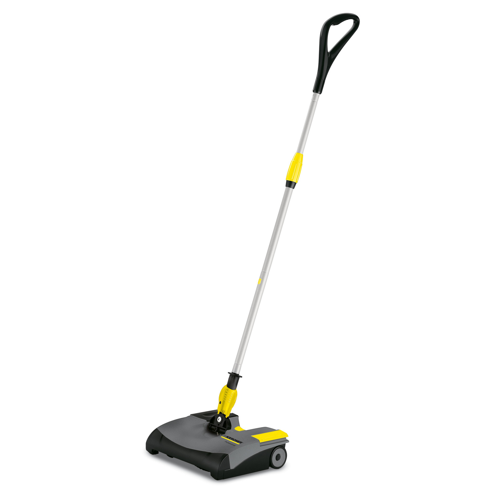 Kärcher electric sweeper with a long handle, grey and yellow body, and black wheels. Kärcher electric sweeper with a long handle, grey and yellow body, and black wheels.