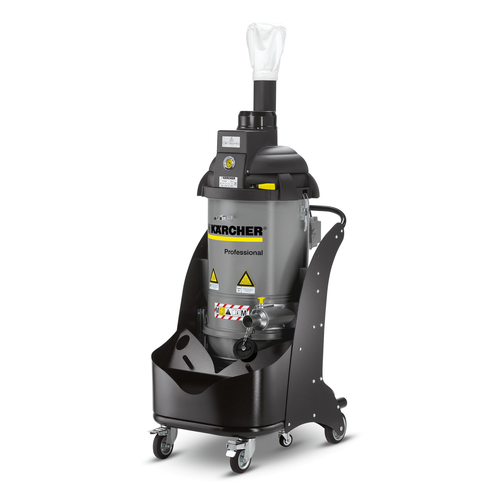 Kärcher professional industrial vacuum cleaner with a grey cylindrical body, mounted on a black wheeled base. Kärcher professional industrial vacuum cleaner with a grey cylindrical body, mounted on a black wheeled base.
