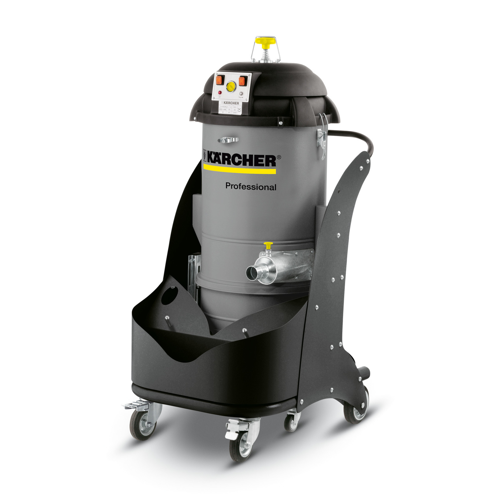 Kärcher industrial vacuum cleaner with grey body, black top, control panel, and wheels.