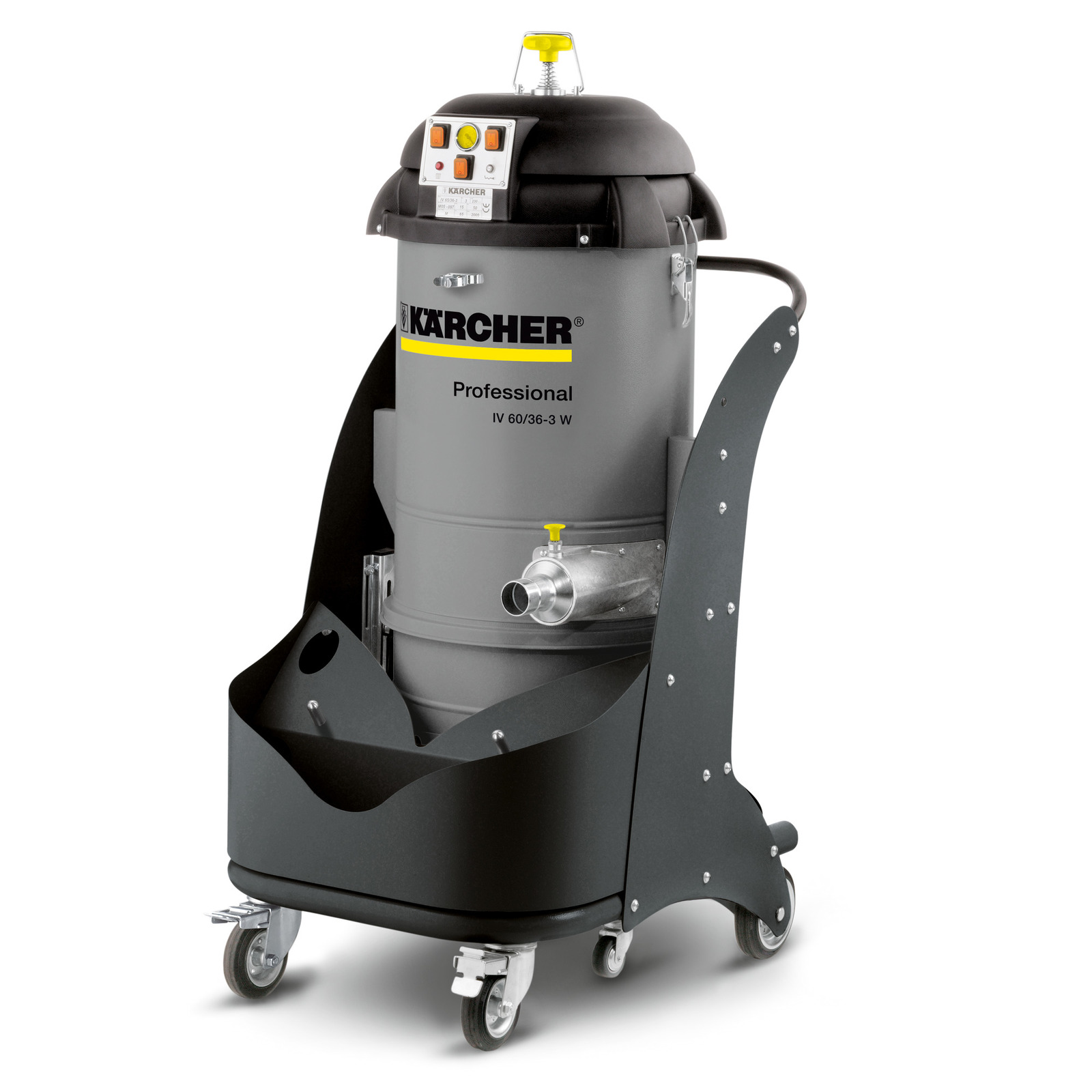 Kärcher industrial vacuum cleaner with a grey cylindrical body, mounted on a black wheeled base.