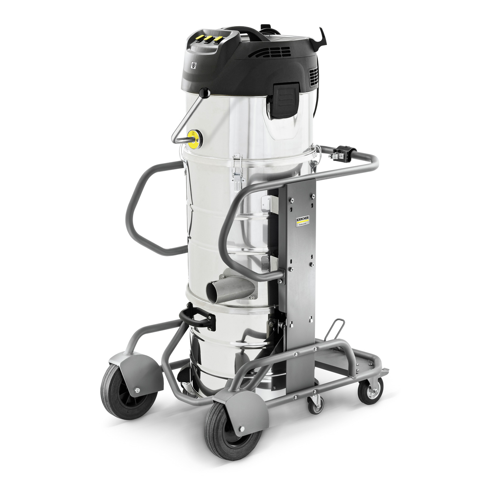 Kärcher industrial vacuum cleaner with a stainless steel body, black top, and grey wheels, featuring handles and a hose connection. Kärcher industrial vacuum cleaner with a stainless steel body, black top, and grey wheels, featuring handles and a hose connection.