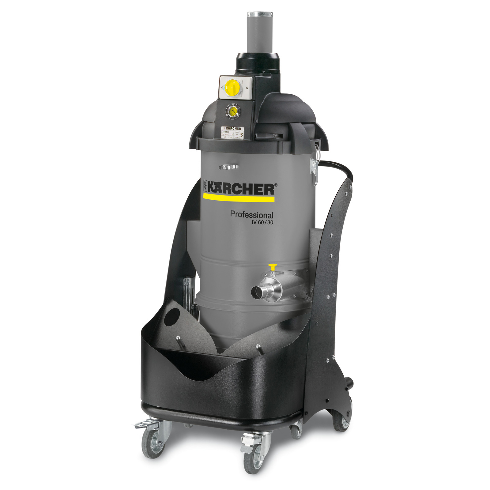 Kärcher Professional IV 60/30 industrial vacuum cleaner with grey body, black top, and yellow accents, mounted on wheels.