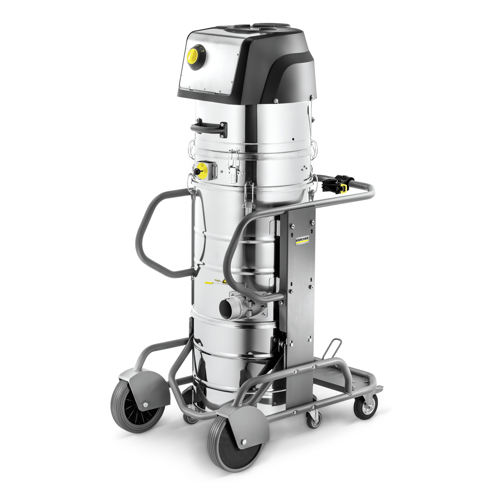 Kärcher industrial vacuum cleaner with a silver cylindrical body, black top, and sturdy wheels, designed for heavy-duty cleaning.