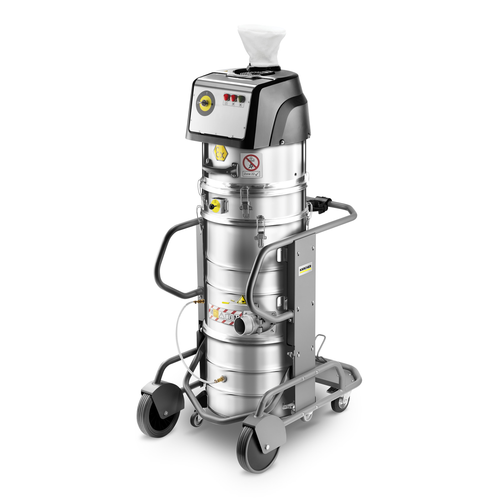Kärcher industrial vacuum cleaner with a stainless steel body, control panel, and wheels for mobility. Kärcher industrial vacuum cleaner with a stainless steel body, control panel, and wheels for mobility.