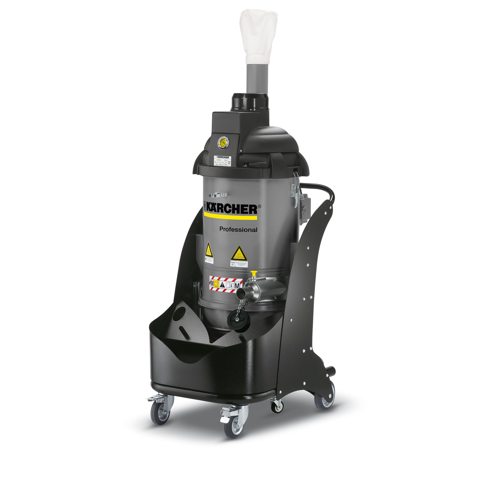 Kärcher industrial vacuum cleaner with wheels, grey and black, featuring a cylindrical body and a white filter bag on top. Kärcher industrial vacuum cleaner with wheels, grey and black, featuring a cylindrical body and a white filter bag on top.