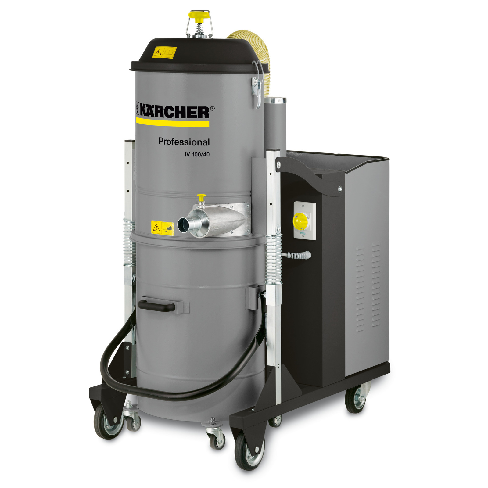 Kärcher Professional IV 100/40 industrial vacuum cleaner with grey cylindrical body and wheels.