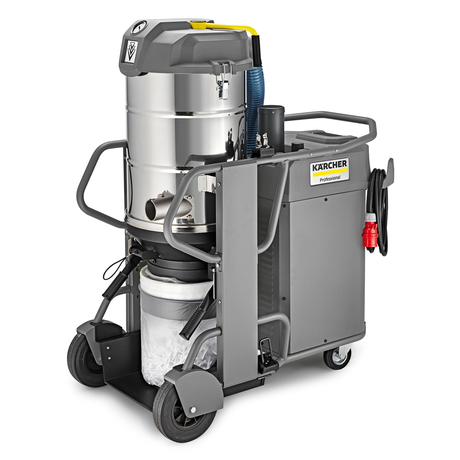Kärcher industrial vacuum cleaner with a stainless steel tank, grey frame, wheels, and attached hose. Kärcher industrial vacuum cleaner with a stainless steel tank, grey frame, wheels, and attached hose.