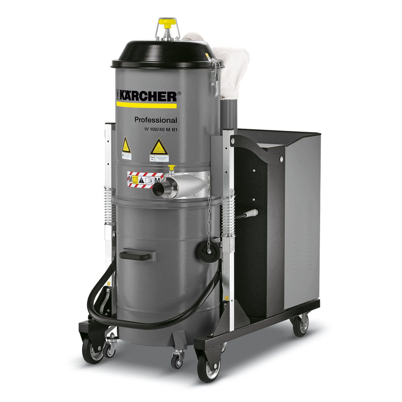 Kärcher industrial vacuum cleaner IV 100/40 M B1, grey and black, with wheels and hose attachment. Kärcher industrial vacuum cleaner IV 100/40 M B1, grey and black, with wheels and hose attachment.