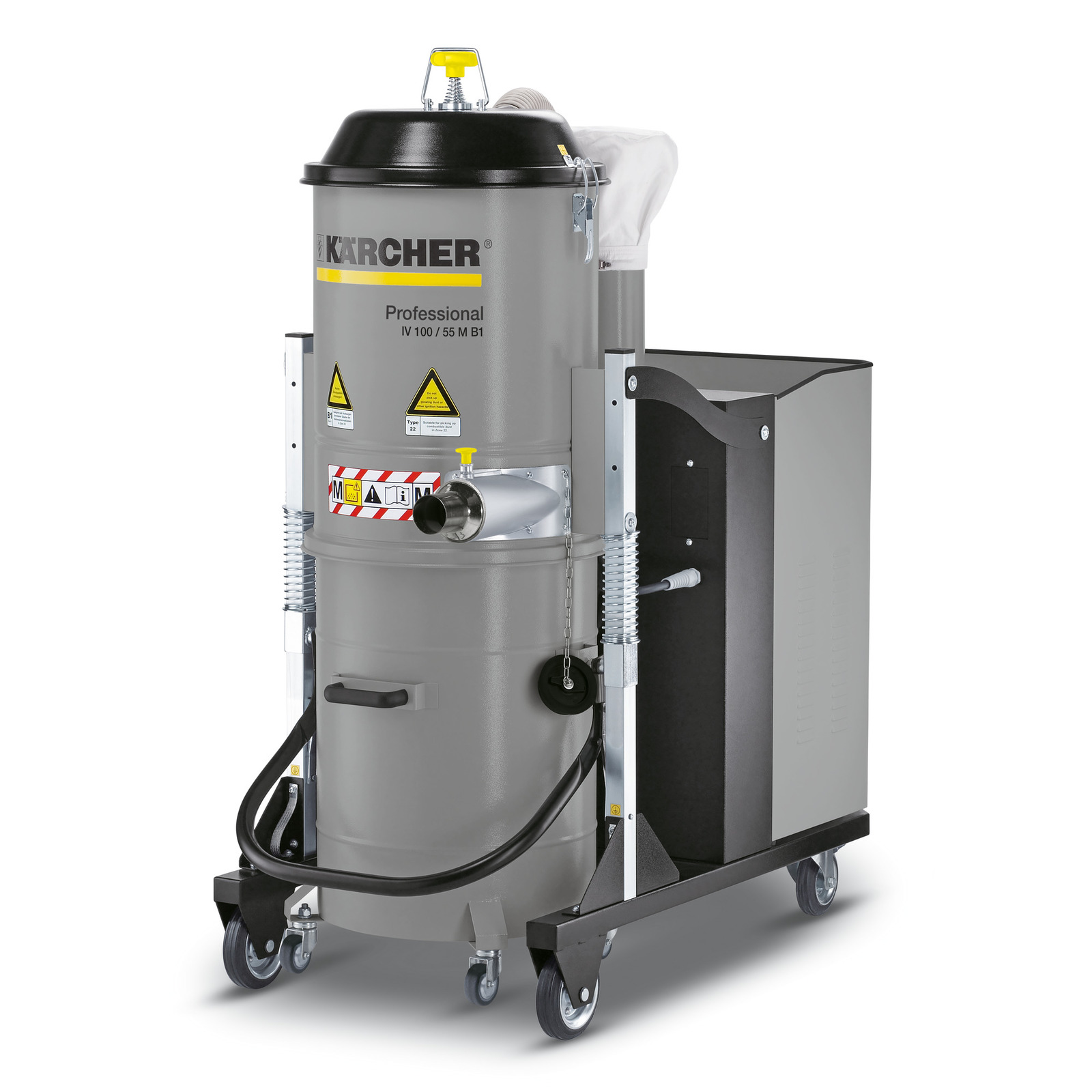 Kärcher industrial vacuum cleaner with grey cylindrical body, black top, and wheels, featuring hazard labels and a hose attachment. Kärcher industrial vacuum cleaner with grey cylindrical body, black top, and wheels, featuring hazard labels and a hose attachment.