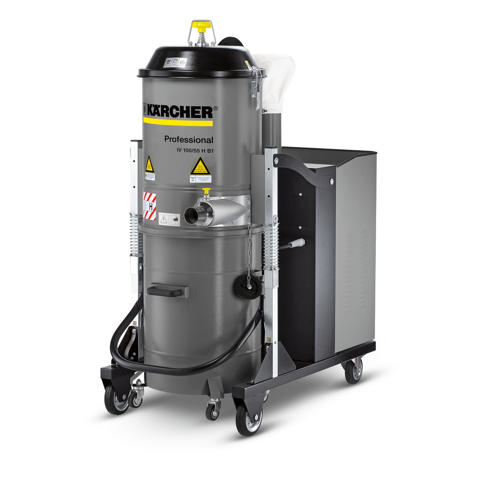 Kärcher industrial vacuum cleaner with grey cylindrical body, black top, and wheels for mobility. Kärcher industrial vacuum cleaner with grey cylindrical body, black top, and wheels for mobility.