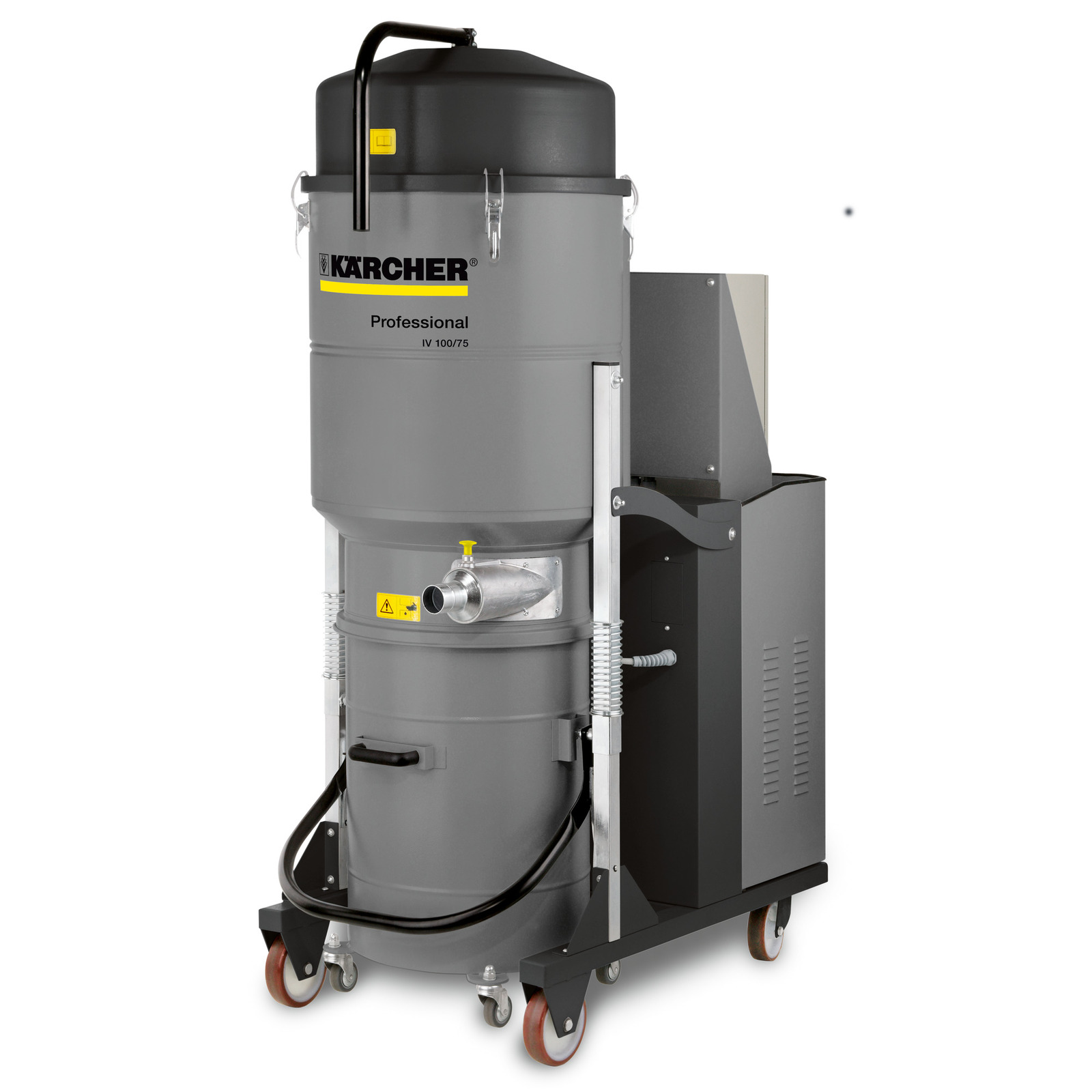 Kärcher IV 100/75 industrial vacuum cleaner with grey cylindrical body, black top, and red wheels.