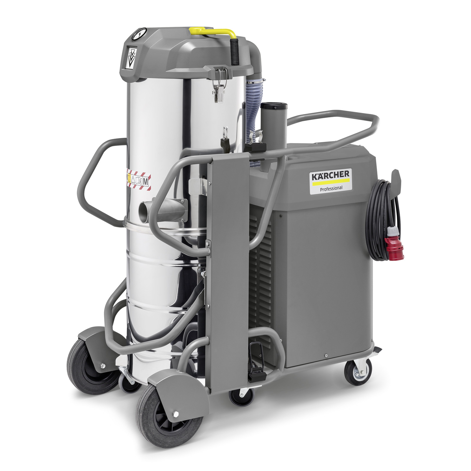 Kärcher industrial vacuum cleaner with a cylindrical metal body, grey housing, and wheels for mobility. Kärcher industrial vacuum cleaner with a cylindrical metal body, grey housing, and wheels for mobility.