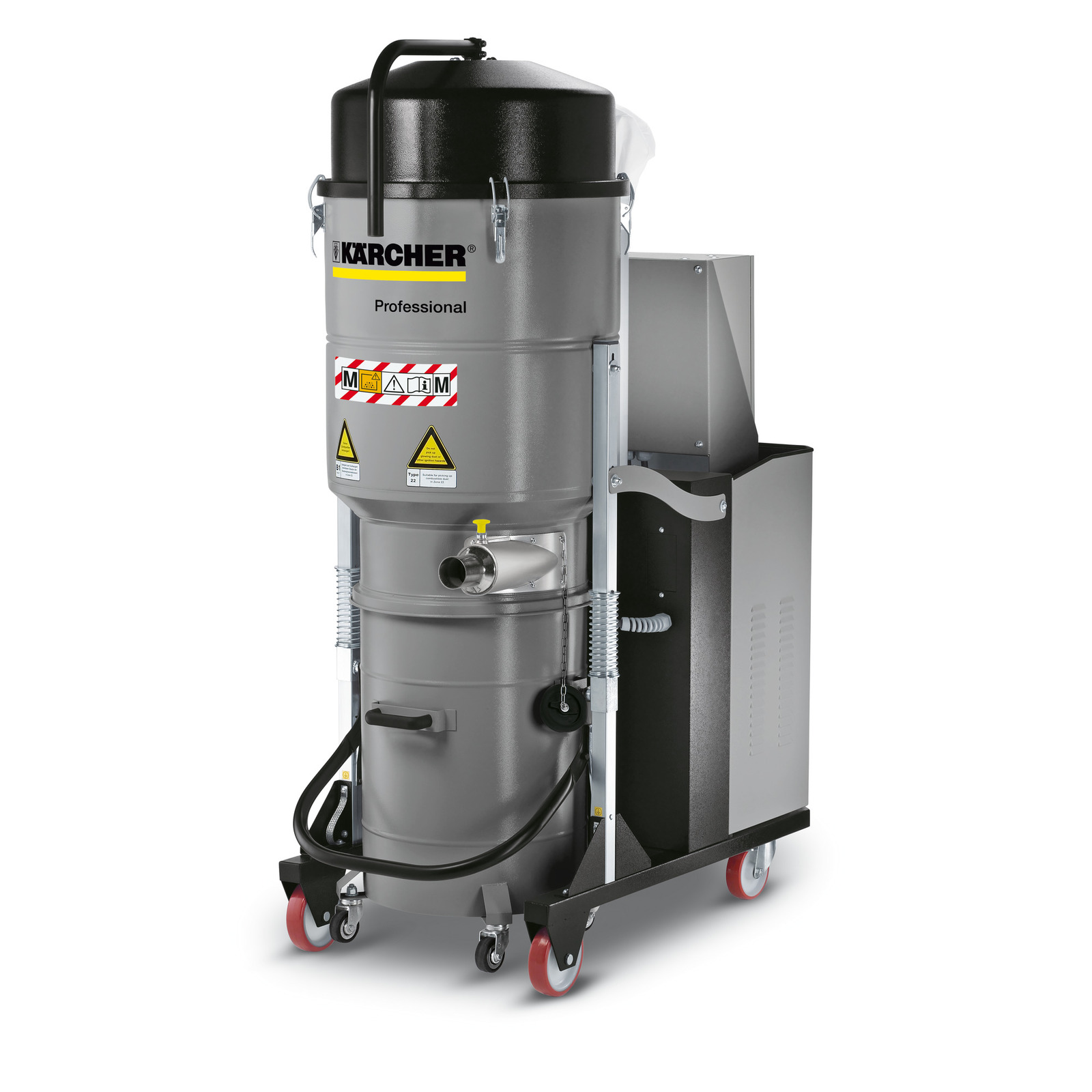 Kärcher industrial vacuum cleaner with grey cylindrical body, black top, and red wheels on a metal frame. Kärcher industrial vacuum cleaner with grey cylindrical body, black top, and red wheels on a metal frame.