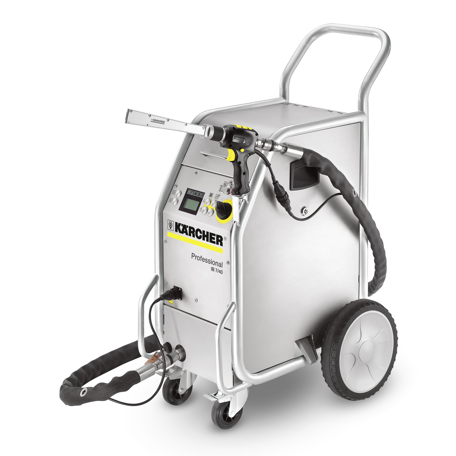 Kärcher IB 7/40 professional dry ice blaster with wheels and hose attachment. Kärcher IB 7/40 professional dry ice blaster with wheels and hose attachment.