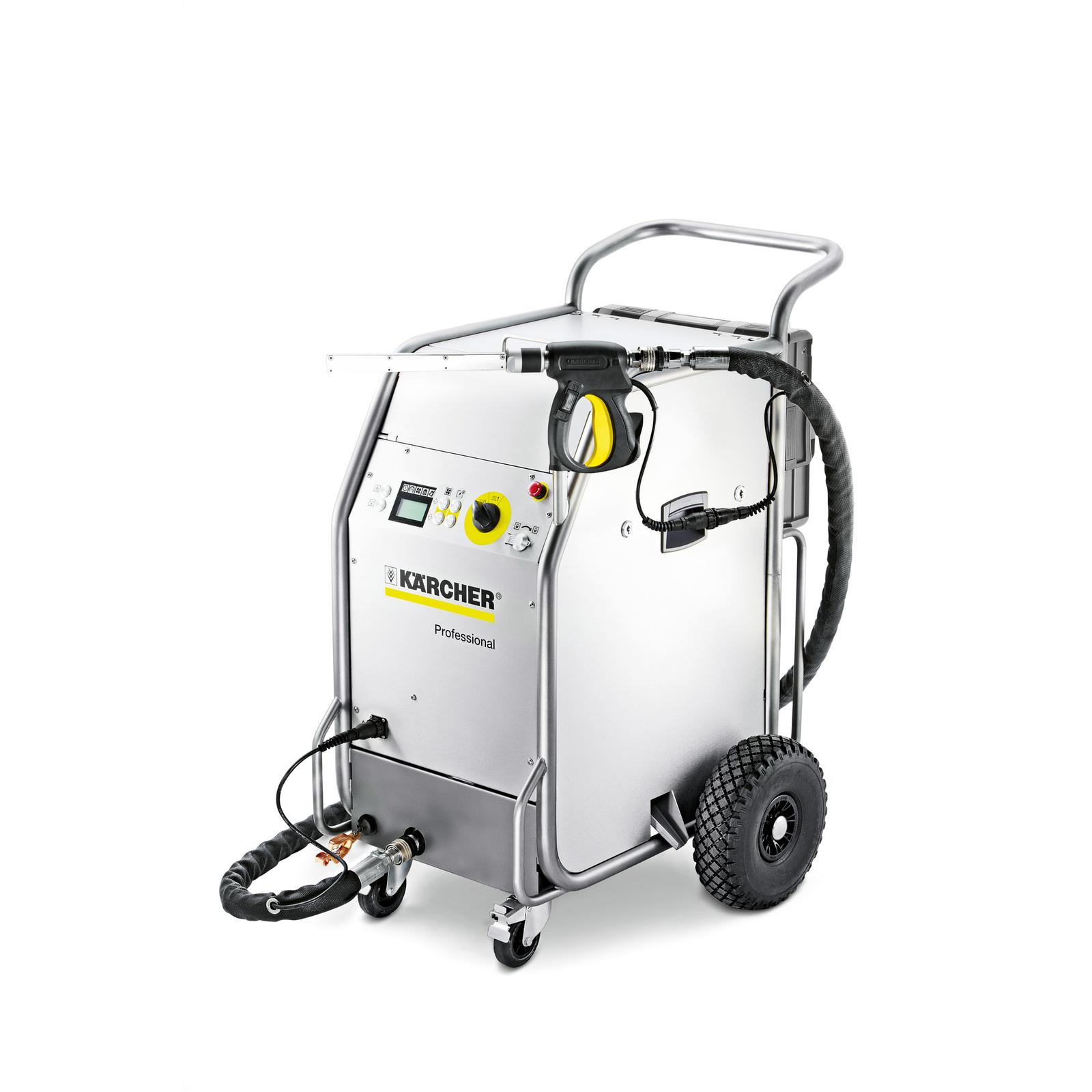 Kärcher professional steam cleaner with wheels, control panel, and hose attachment.