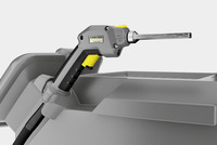 Kärcher high-pressure cleaner handle with a grey and yellow design, attached to a grey machine body.