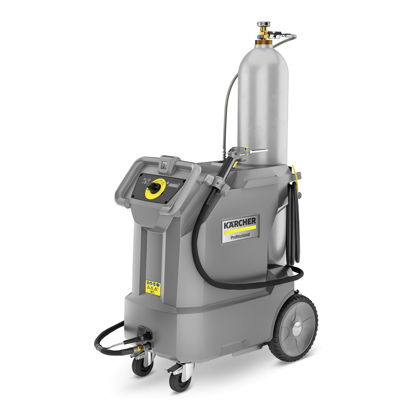 Kärcher professional cleaning machine with attached cylinder, grey body, wheels, and control panel.