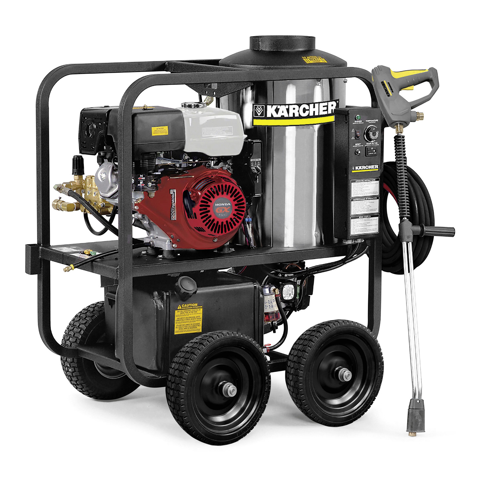 Kärcher high-pressure cleaner with a Honda engine, mounted on a wheeled frame, featuring a spray gun and hose.