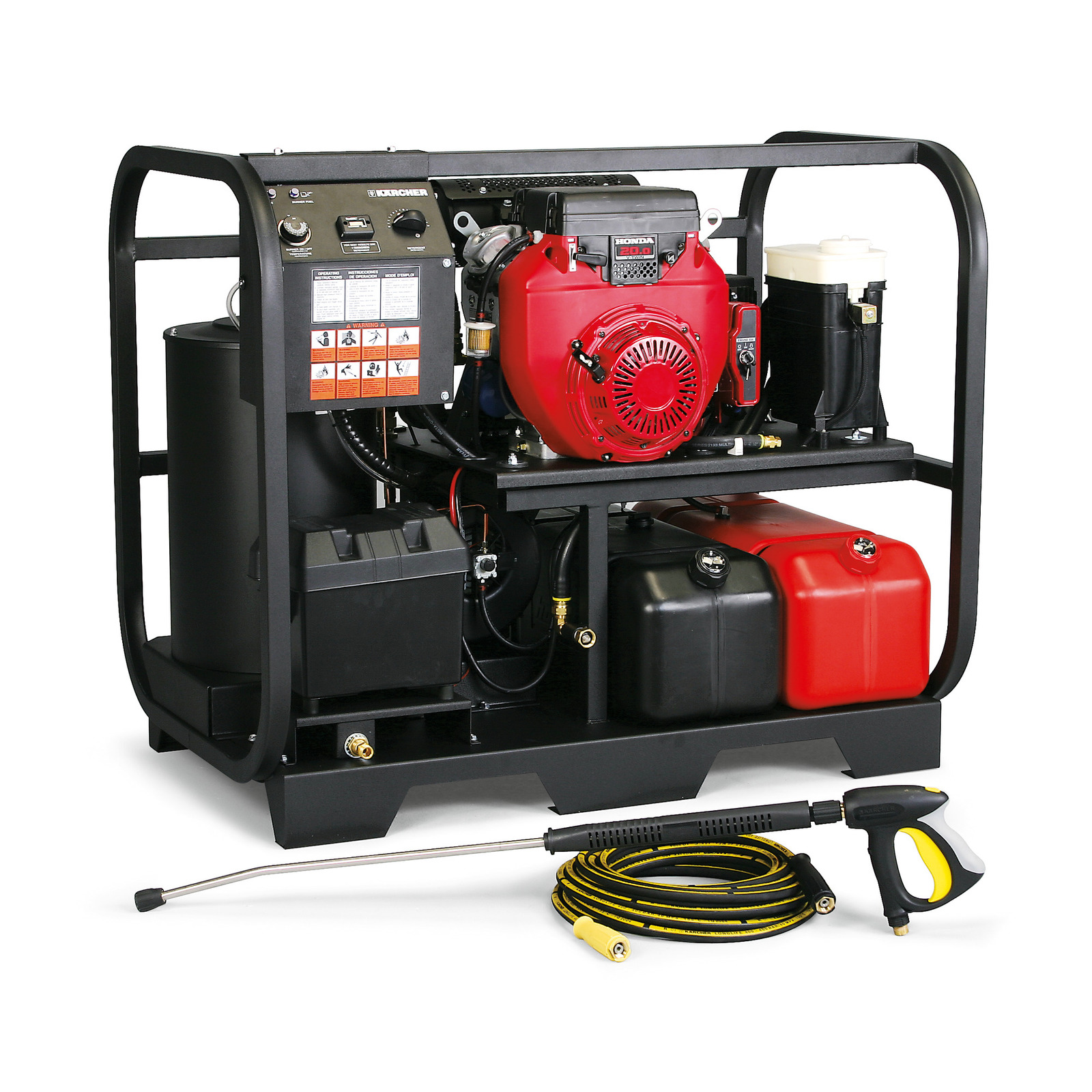 Kärcher high-pressure cleaner with a red engine, black and red tanks, and a hose with a spray gun on the floor.