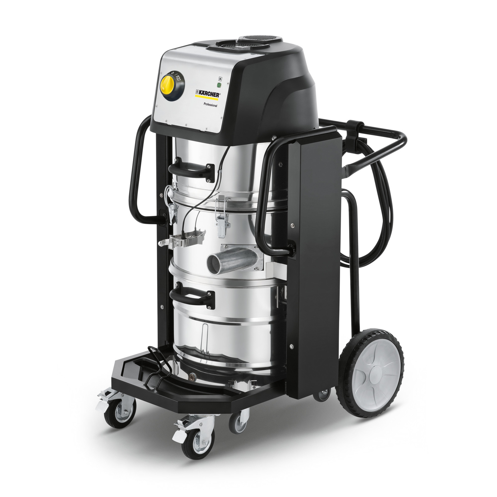 Kärcher industrial vacuum cleaner with stainless steel body, black handle, and wheels on a white background. Kärcher industrial vacuum cleaner with stainless steel body, black handle, and wheels on a white background.