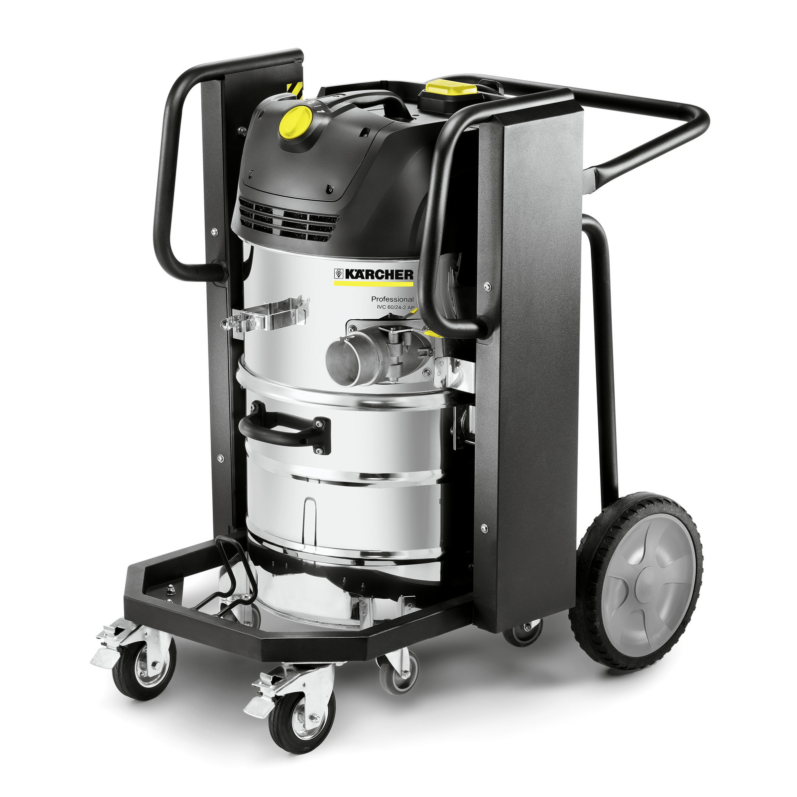 Kärcher industrial vacuum cleaner with black handles, silver body, and wheels, designed for heavy-duty cleaning tasks. Kärcher industrial vacuum cleaner with black handles, silver body, and wheels, designed for heavy-duty cleaning tasks.