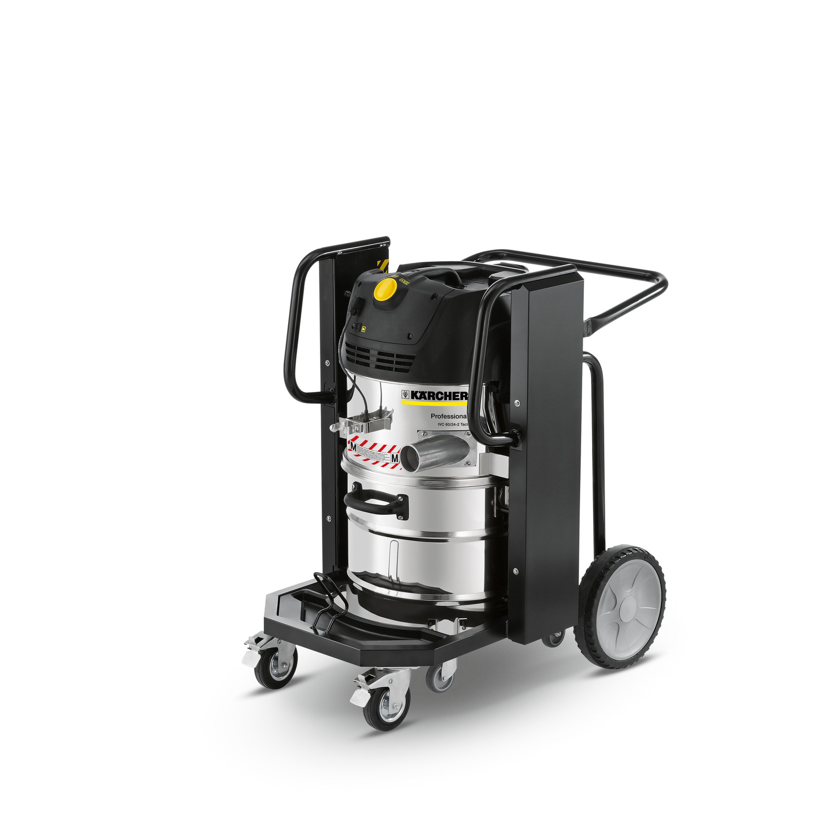 Kärcher industrial vacuum cleaner on a wheeled cart, featuring a black and silver design with a yellow control knob.