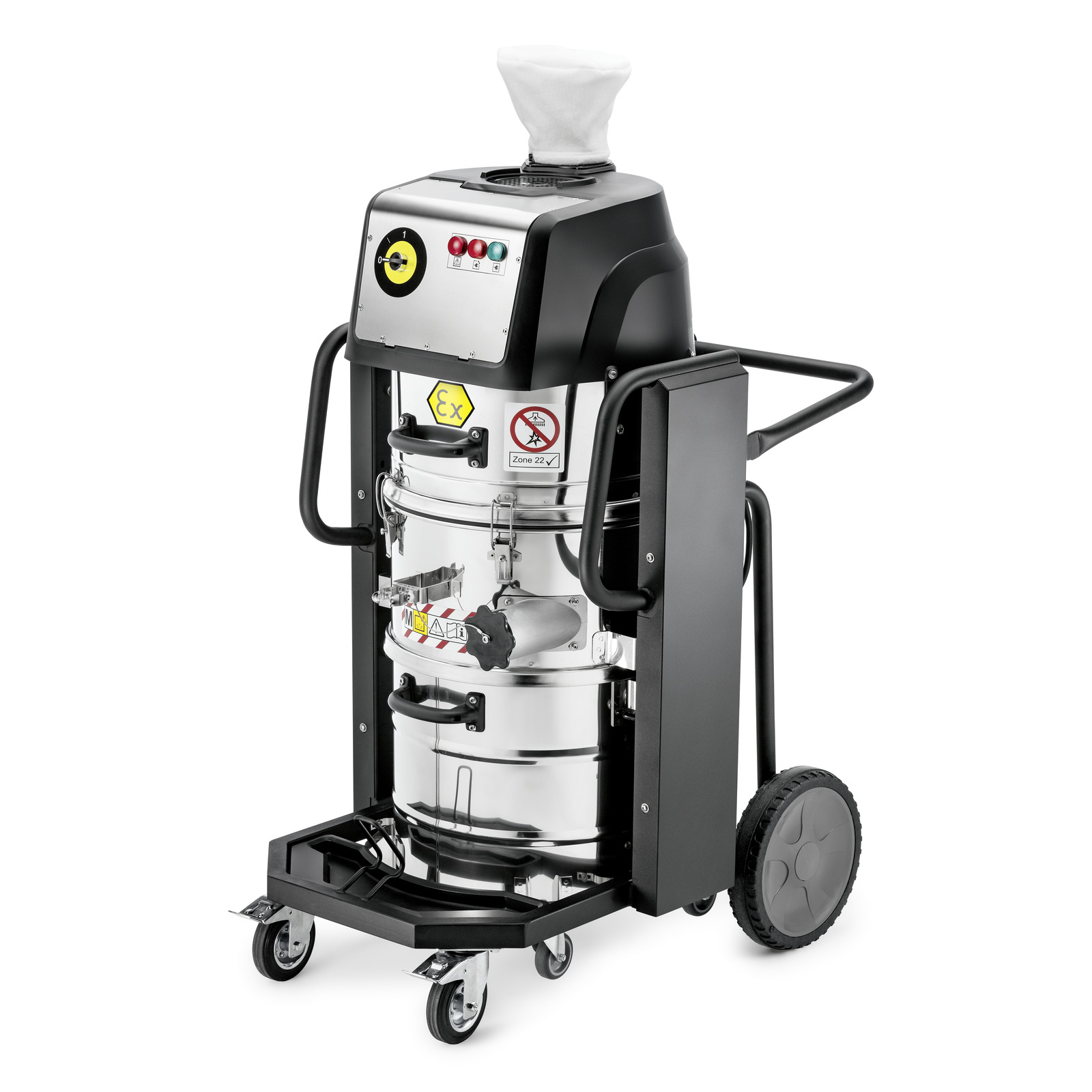 Kärcher industrial vacuum cleaner with black and silver body, large wheels, and control panel on top. Kärcher industrial vacuum cleaner with black and silver body, large wheels, and control panel on top.