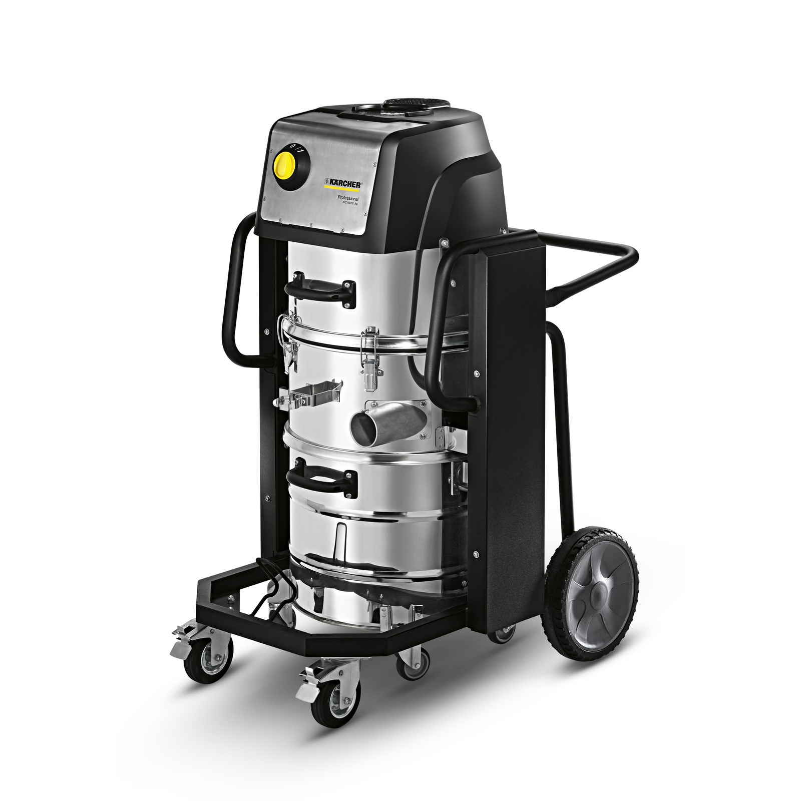 Kärcher industrial vacuum cleaner with stainless steel body, mounted on a wheeled frame for mobility.