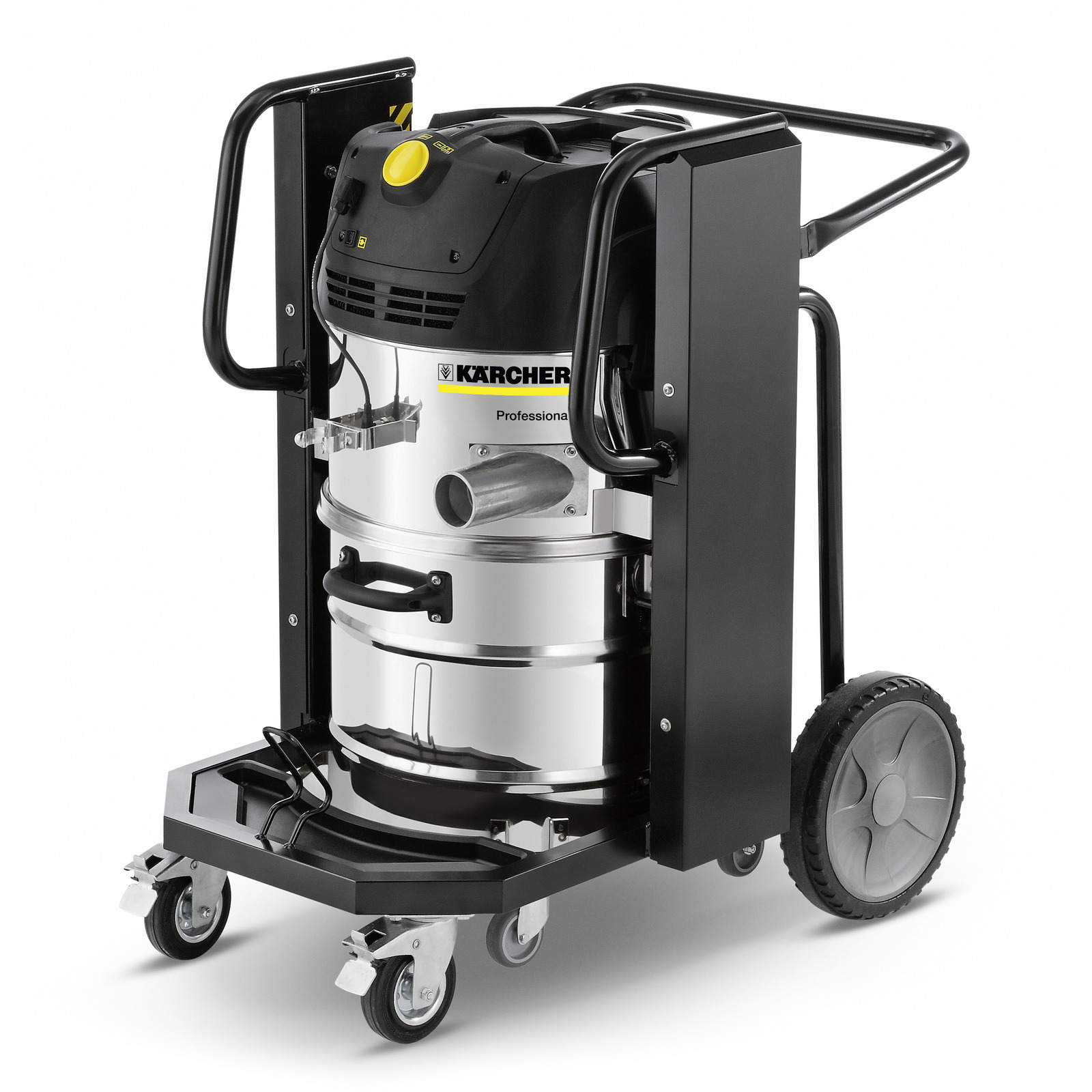 Kärcher industrial vacuum cleaner with black frame, large wheels, and stainless steel body. Kärcher industrial vacuum cleaner with black frame, large wheels, and stainless steel body.