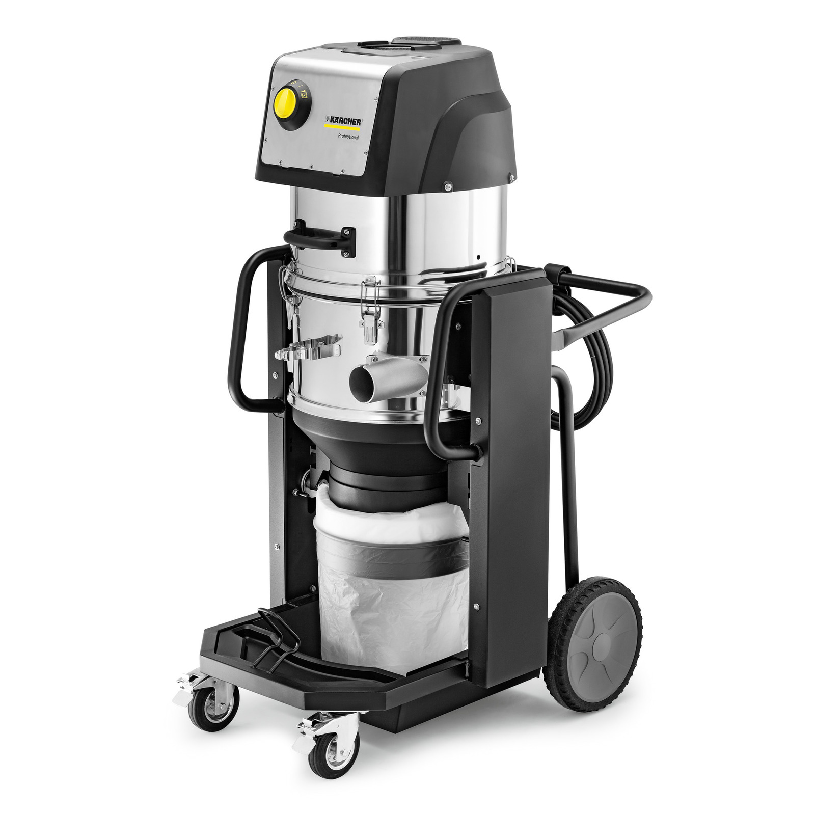 Kärcher industrial vacuum cleaner with stainless steel body, black top, and wheels, designed for professional use.