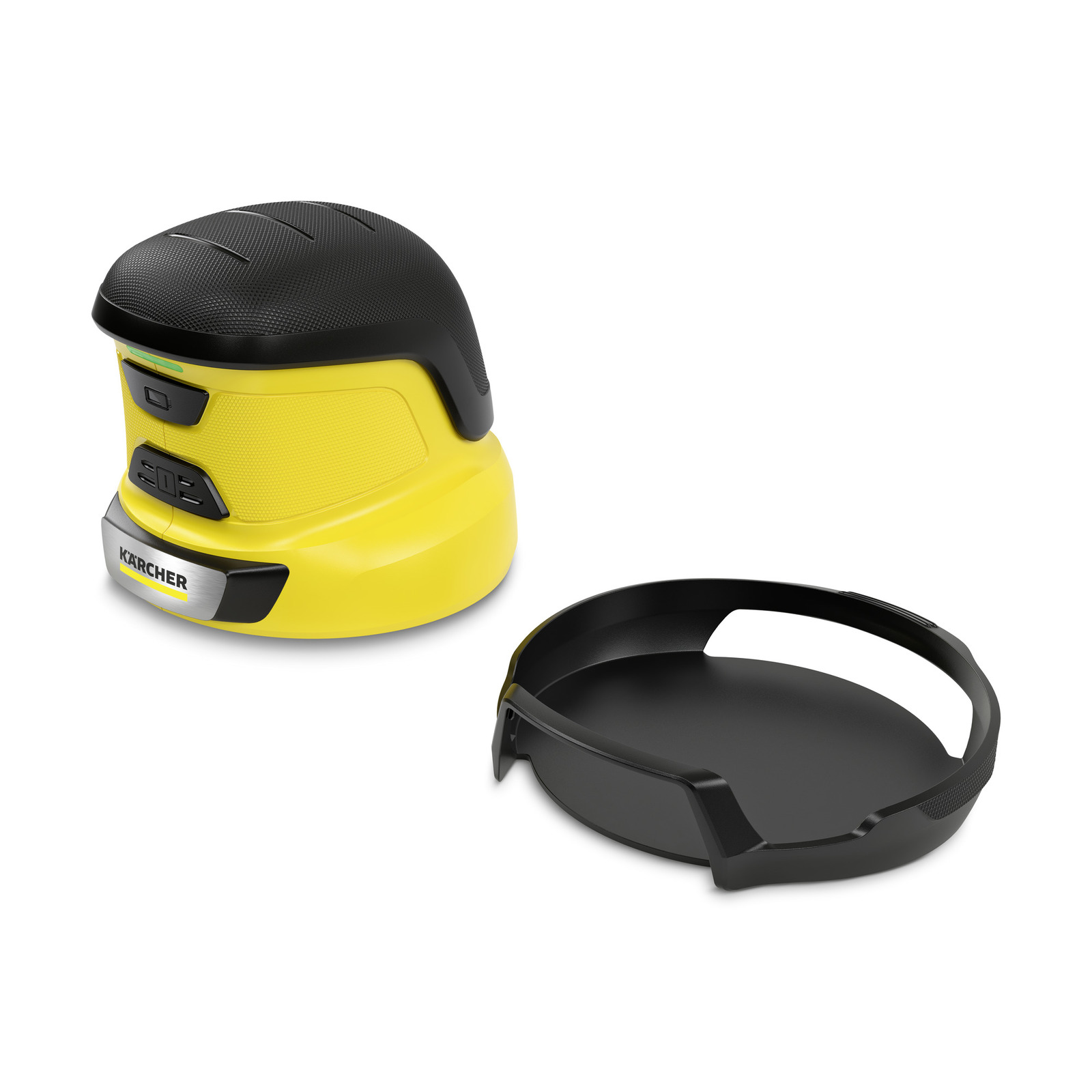 Kärcher yellow and black electric scrubber with a detachable black base on a white background. Kärcher yellow and black electric scrubber with a detachable black base on a white background.