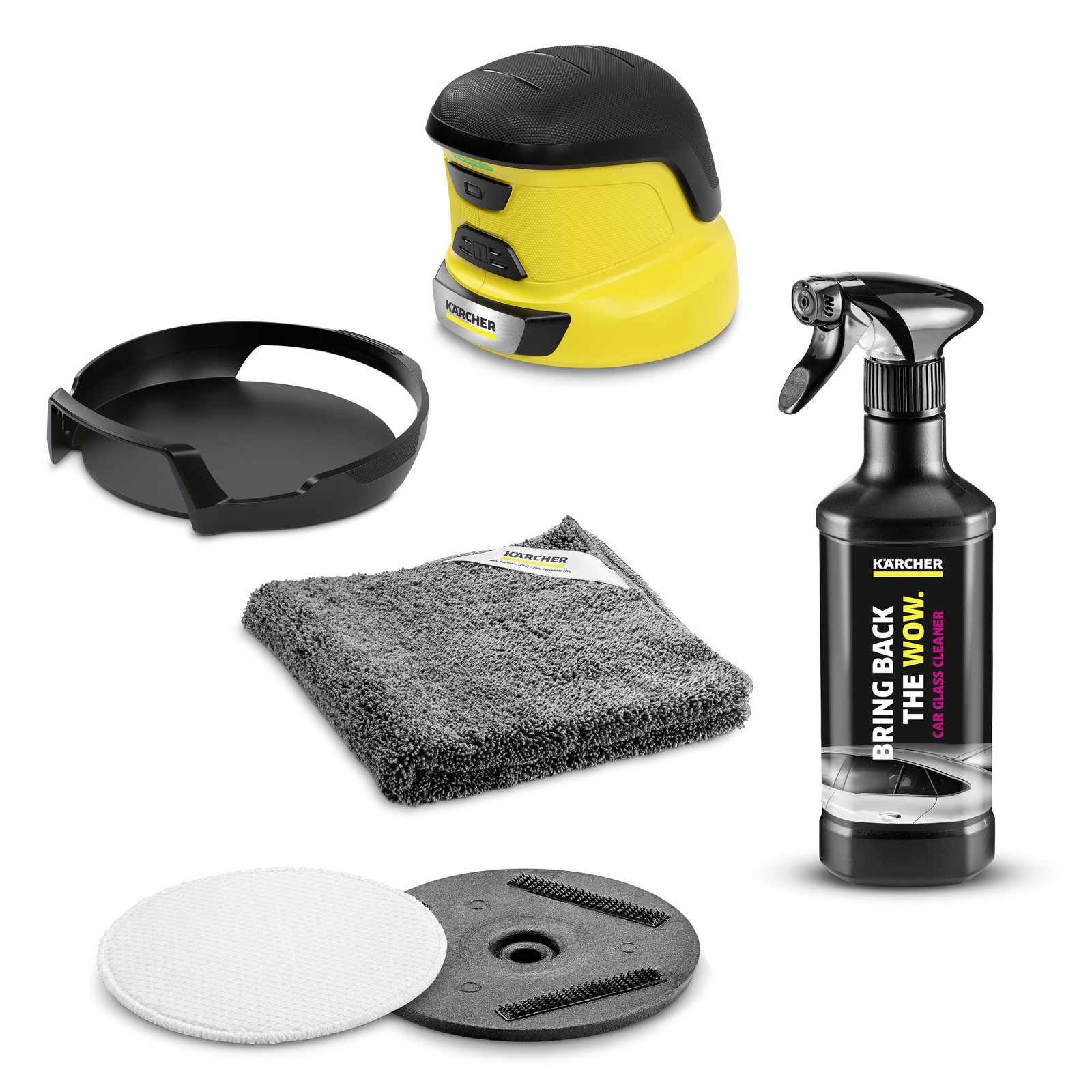 Kärcher car cleaning kit with a yellow polisher, black spray bottle, grey cloth, black tray, and two circular pads.