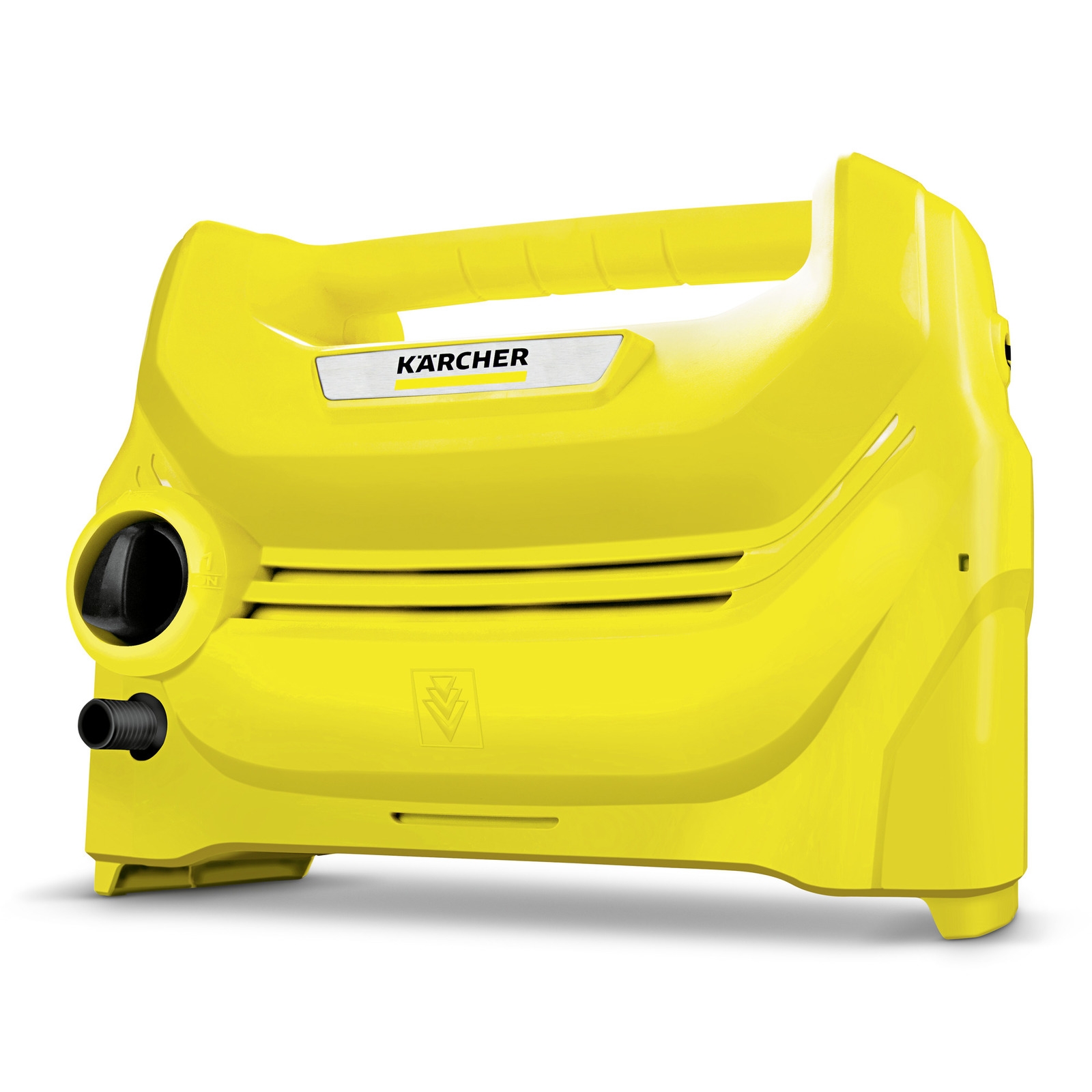 Yellow Kärcher high-pressure cleaner with handle and nozzle, set against a white background.