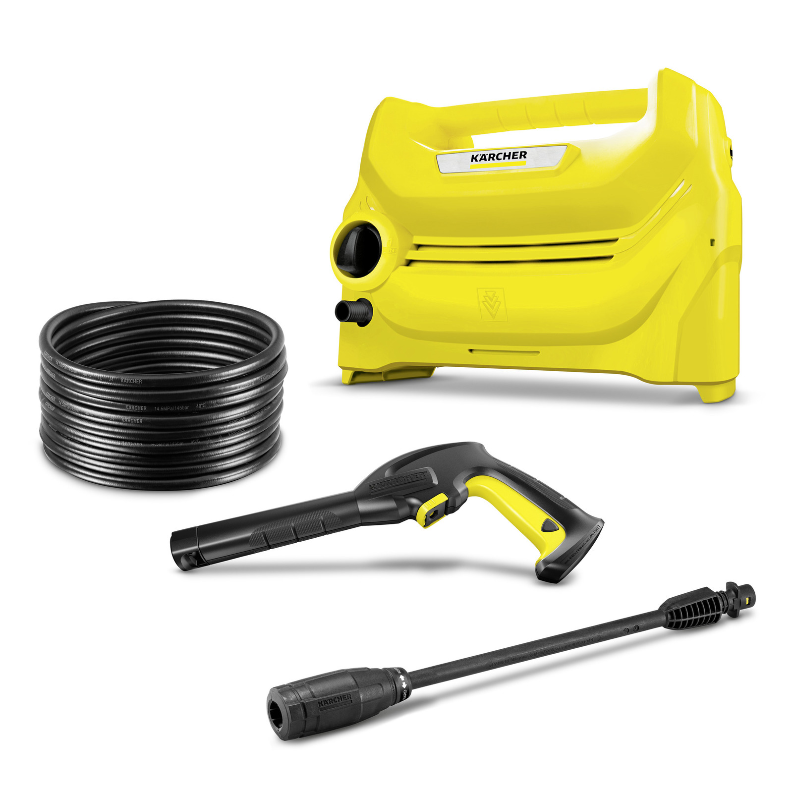 Kärcher high-pressure cleaner with yellow casing, black hose coil, and spray gun with lance attachment. Kärcher high-pressure cleaner with yellow casing, black hose coil, and spray gun with lance attachment.