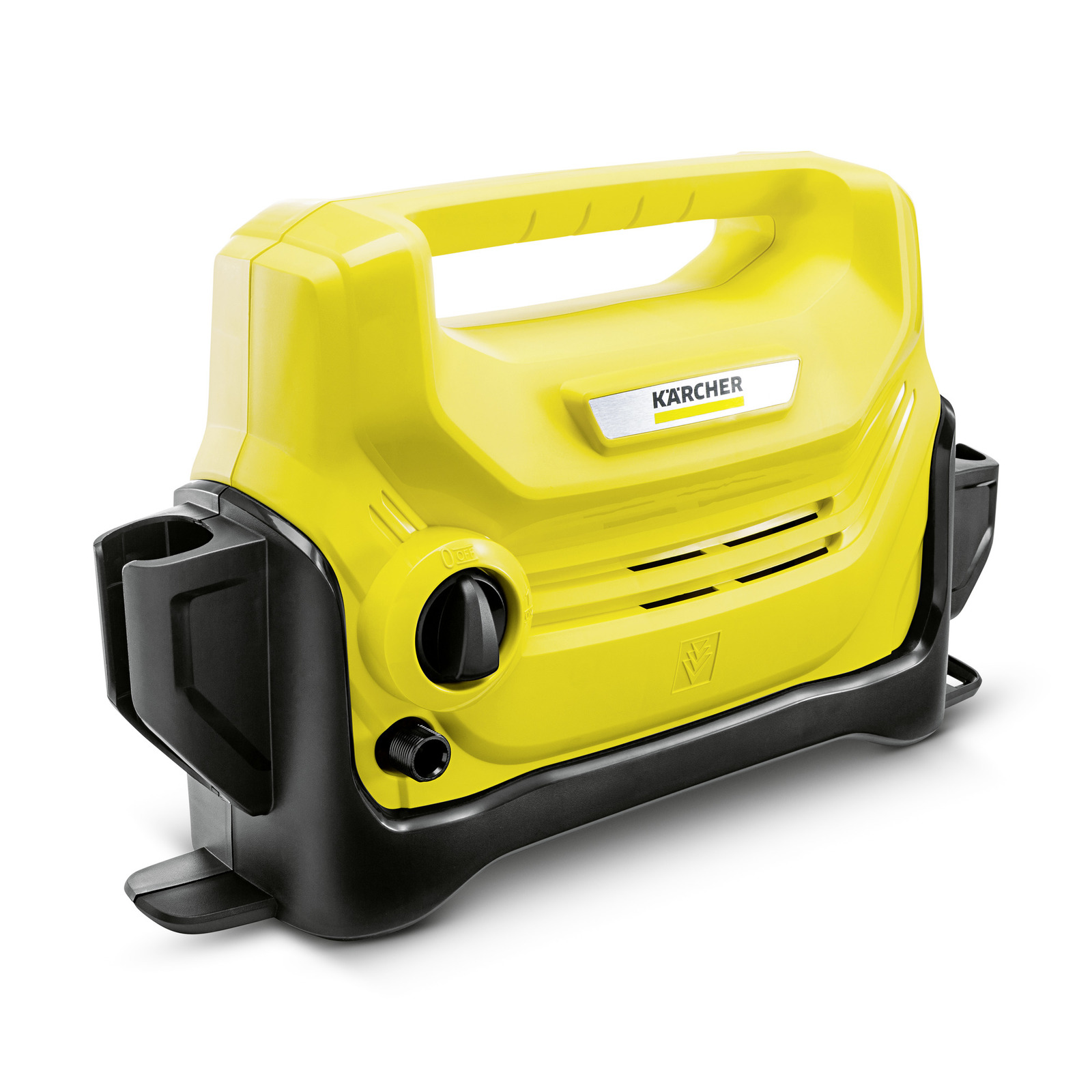 Yellow Kärcher high-pressure cleaner with a black base and handle, featuring control knobs and a Kärcher logo.