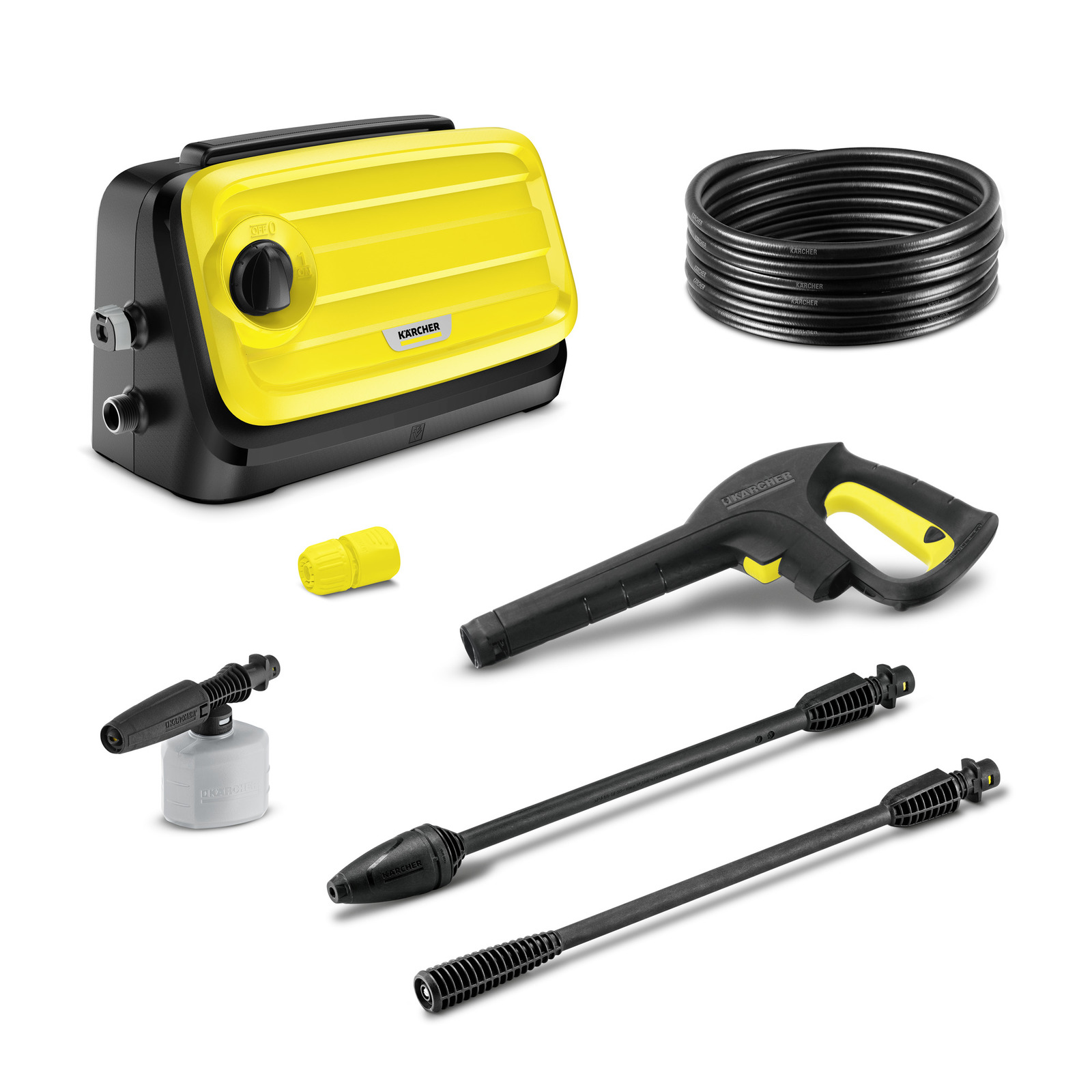 Kärcher high-pressure cleaner set with yellow and black unit, hose, spray gun, nozzle, and accessories on white background.